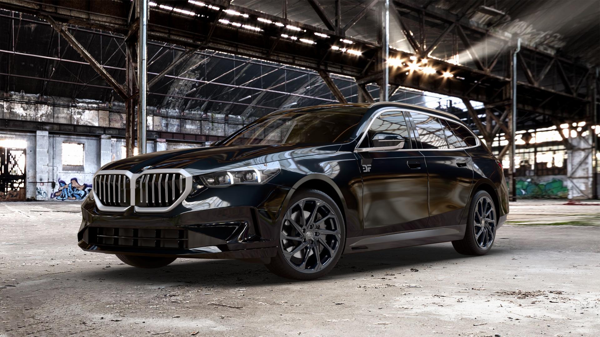 RC Design RC36 schwarz lackiert Felge mit Reifen in 20Zoll Winterfelge Alufelge auf schwarzem metallic BMW 520d Typ G61 (Touring) xDrive 5er Touring (G6K) ⬇️ mit 15mm Tieferlegung ⬇️ Old Industrial Hall_max_5300mm_2024 Frontansicht_1