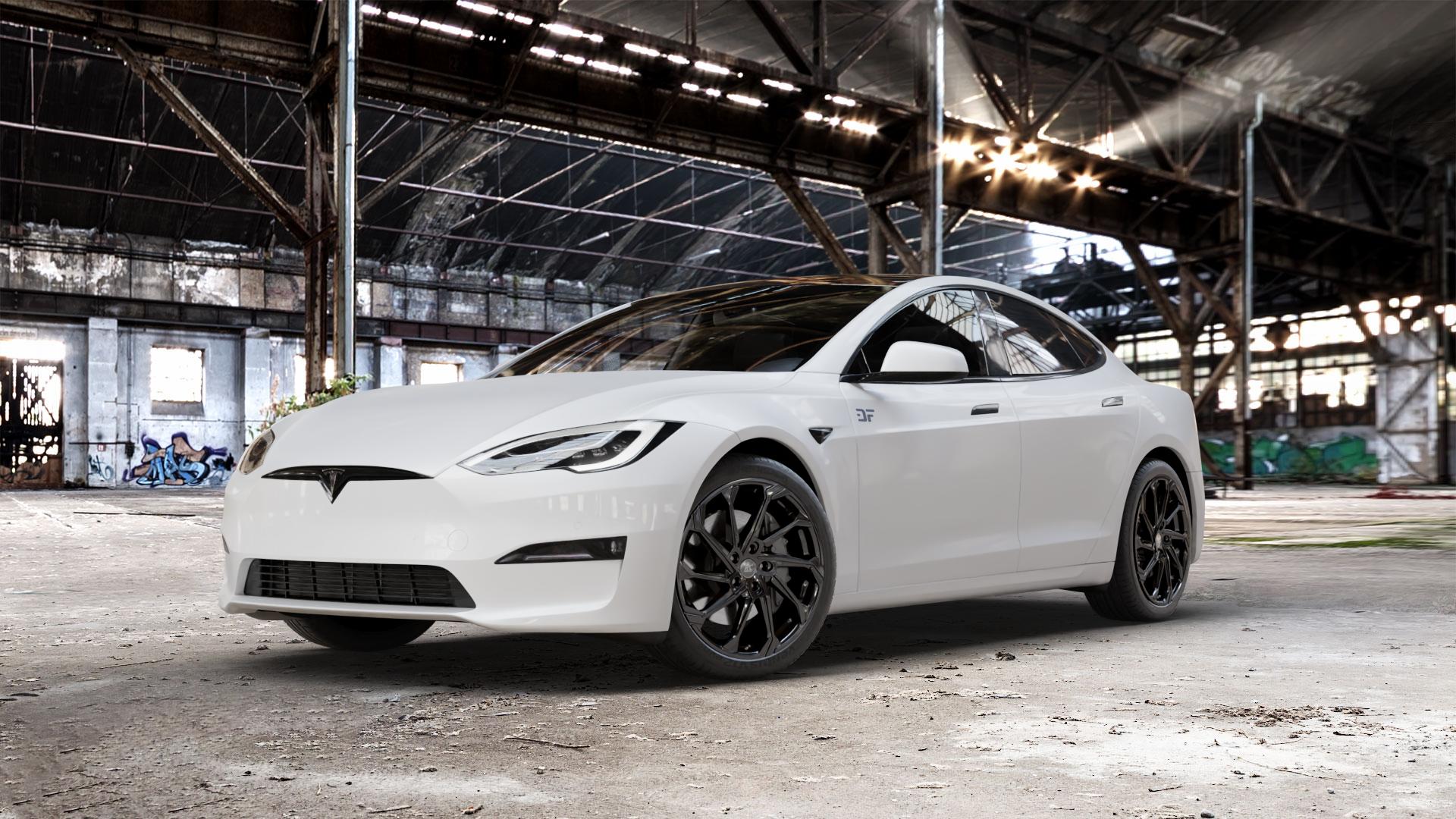 RC Design RC36 schwarz lackiert Felge mit Reifen in 20Zoll Winterfelge Alufelge auf weissem Tesla Model S Typ 004 ⬇️ mit 15mm Tieferlegung ⬇️ Old Industrial Hall_max_5300mm_2024 Frontansicht_1