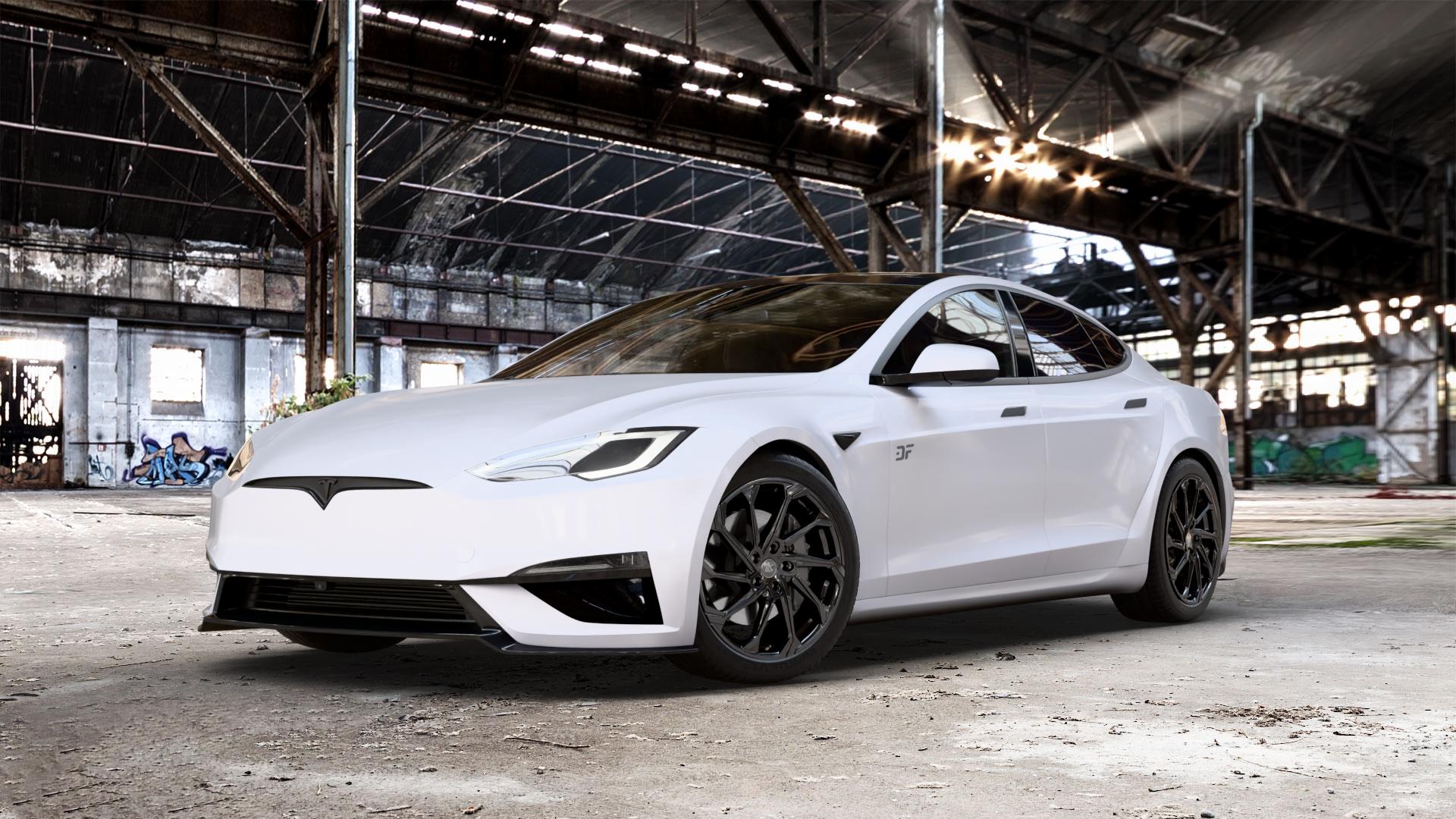 RC Design RC36 schwarz lackiert Felge mit Reifen in 20Zoll Winterfelge Alufelge auf weissem Tesla Model S Typ 006 0,0l 357kW Plaid AWD (485 PS) ⬇️ mit 15mm Tieferlegung ⬇️ Old Industrial Hall_max_5300mm_2024 Frontansicht_1