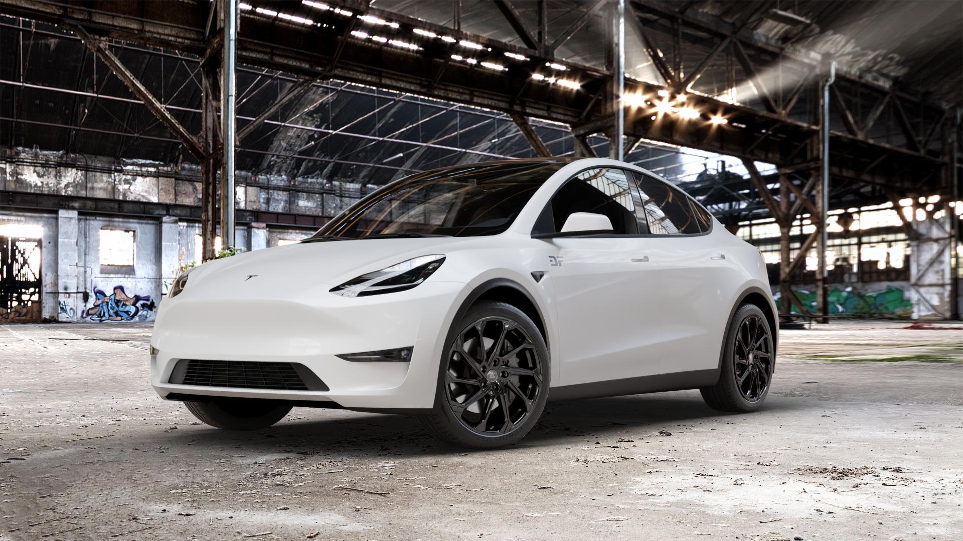 RC Design RC36 schwarz lackiert Felge mit Reifen in 20Zoll Winterfelge Alufelge auf weissem Tesla Model Y Typ 003 003/005 ⬇️ mit 15mm Tieferlegung ⬇️ Old Industrial Hall_max_5300mm_2024 Frontansicht_1