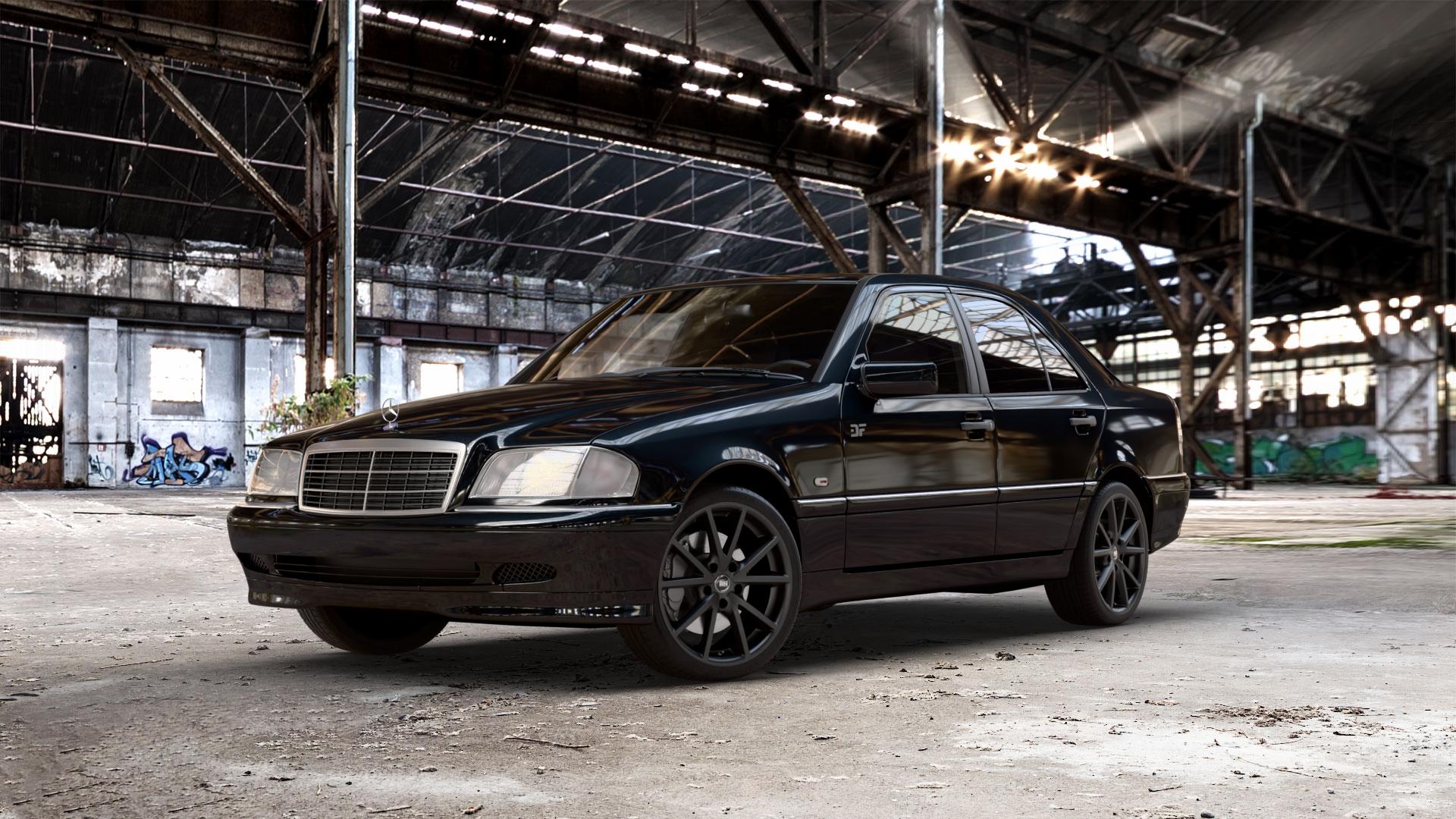 RH ALURAD DE Sports racing schwarz lackiert Felge mit Reifen in 18Zoll Winterfelge Alufelge auf metallic schwarzem Mercedes C-Klasse Typ W202 Limousine ⬇️ mit 15mm Tieferlegung ⬇️ Old Industrial Hall_max_5300mm_2024 Frontansicht_1