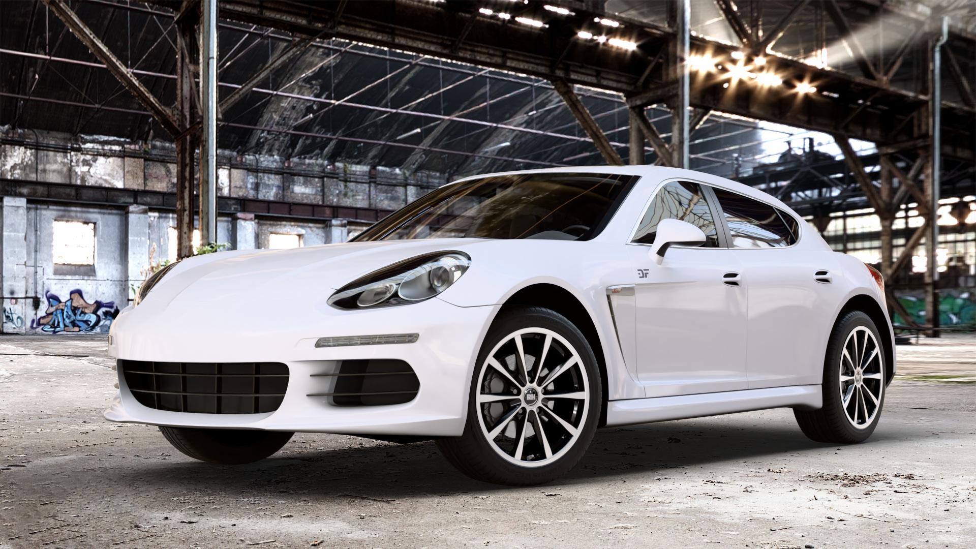 RH ALURAD GT Schwarz voll poliert Felge mit Reifen silber mehrfarbig in 19Zoll Alufelge auf weissem Porsche Panamera Typ 970 Facelift ⬇️ mit 15mm Tieferlegung ⬇️ Old Industrial Hall_max_4400mm_2024 Frontansicht_1