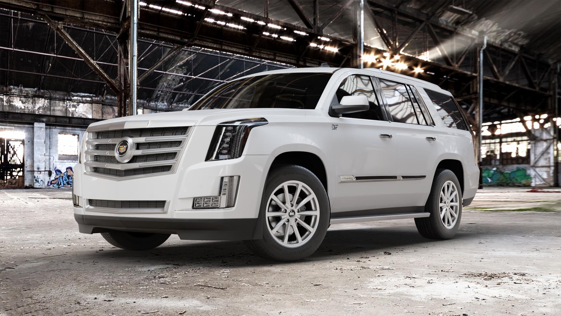 RH ALURAD GT sterlingsilber lackiert Felge mit Reifen in 19Zoll Winterfelge Alufelge auf weissem Cadillac Escalade Typ GMT K2XX ⬇️ mit 15mm Tieferlegung ⬇️ Old Industrial Hall_max_5300mm_2024 Frontansicht_1