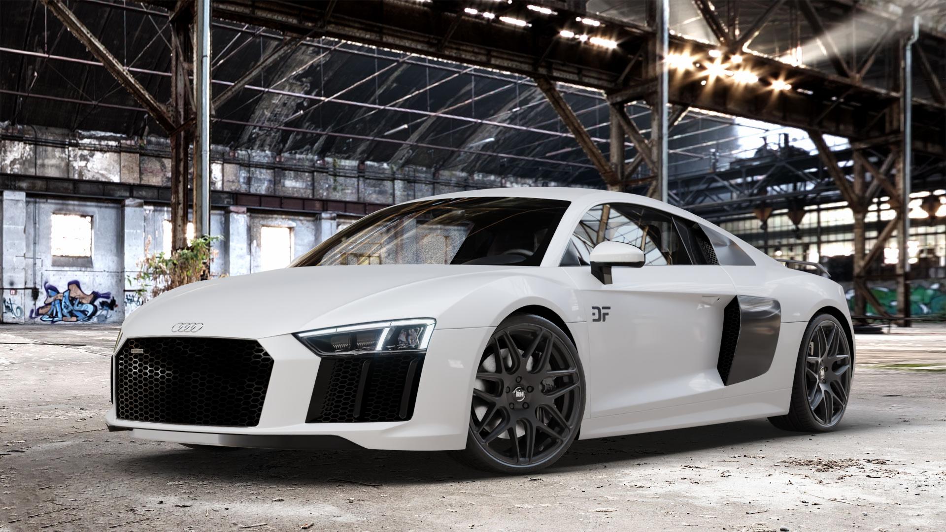 RH ALURAD RB11 racing schwarz lackiert Felge mit Reifen in 20Zoll Winterfelge Alufelge auf weissem Audi R8 Typ 4S 15-> Spyder 16-> ⬇️ mit 15mm Tieferlegung ⬇️ Old Industrial Hall_max_4400mm_2024 Frontansicht_1
