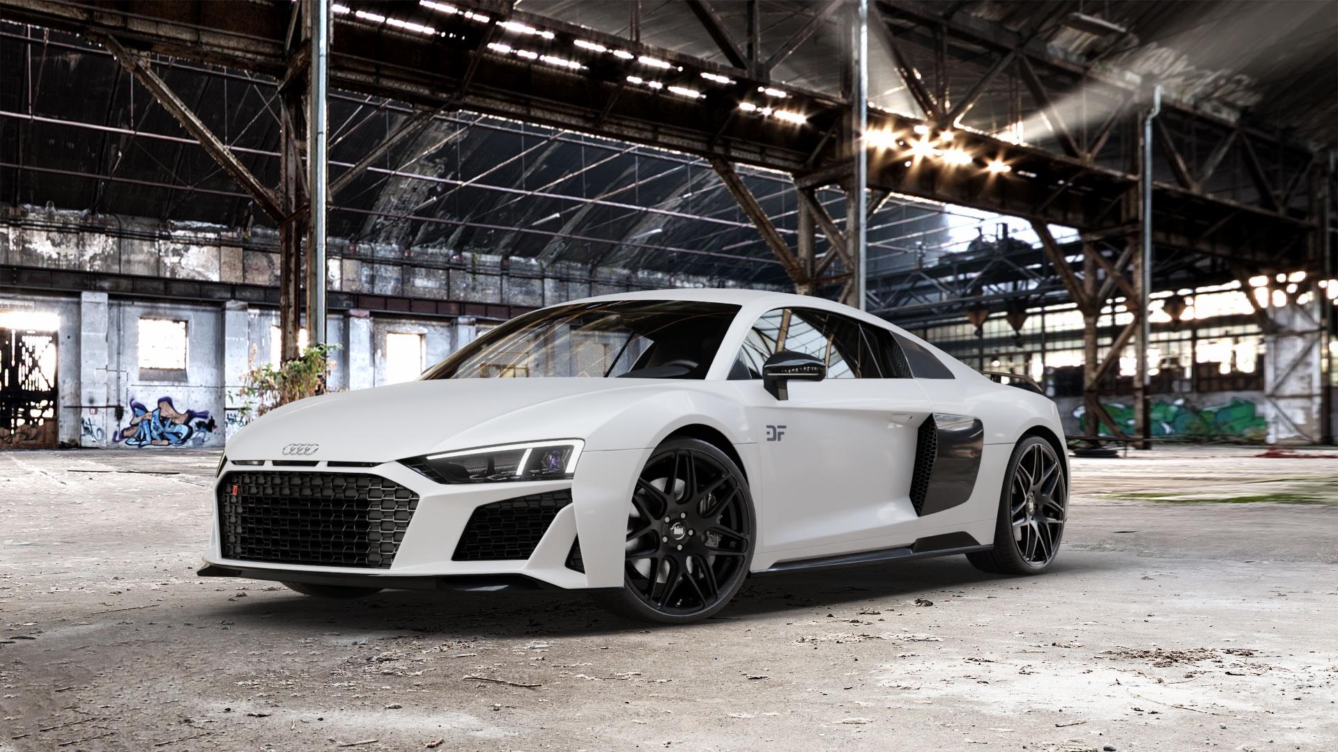 RH ALURAD RB11 racing schwarz lackiert Felge mit Reifen in 20Zoll Winterfelge Alufelge auf weissem Audi R8 Typ 4S Facelift 19-> ⬇️ mit 15mm Tieferlegung ⬇️ Old Industrial Hall_max_5300mm_2024 Frontansicht_1