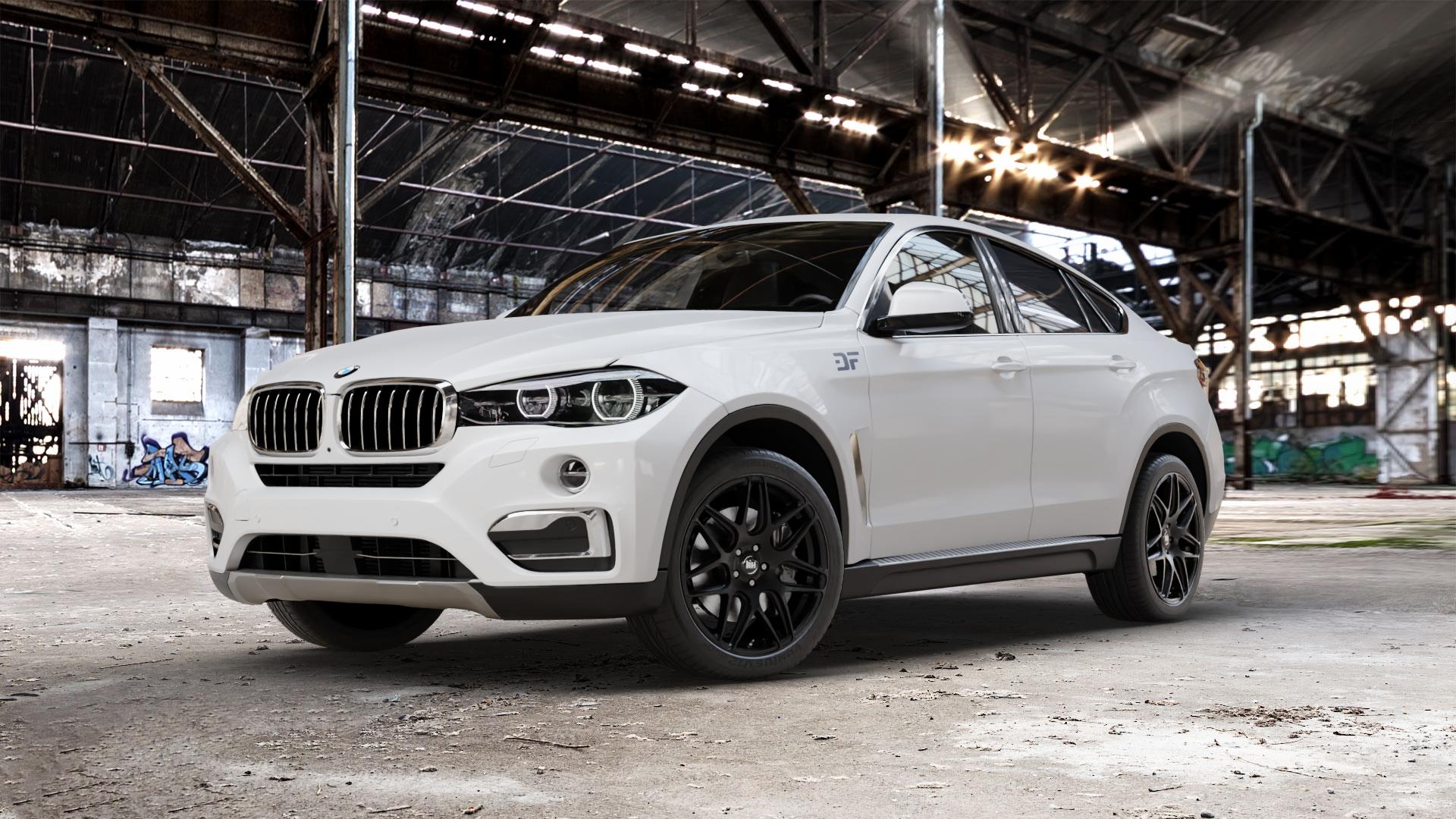RH ALURAD RB11 racing schwarz lackiert Felge mit Reifen in 20Zoll Winterfelge Alufelge auf weissem BMW X6 Typ F16 (X6, X-N1) ⬇️ mit 15mm Tieferlegung ⬇️ Old Industrial Hall_max_5300mm_2024 Frontansicht_1