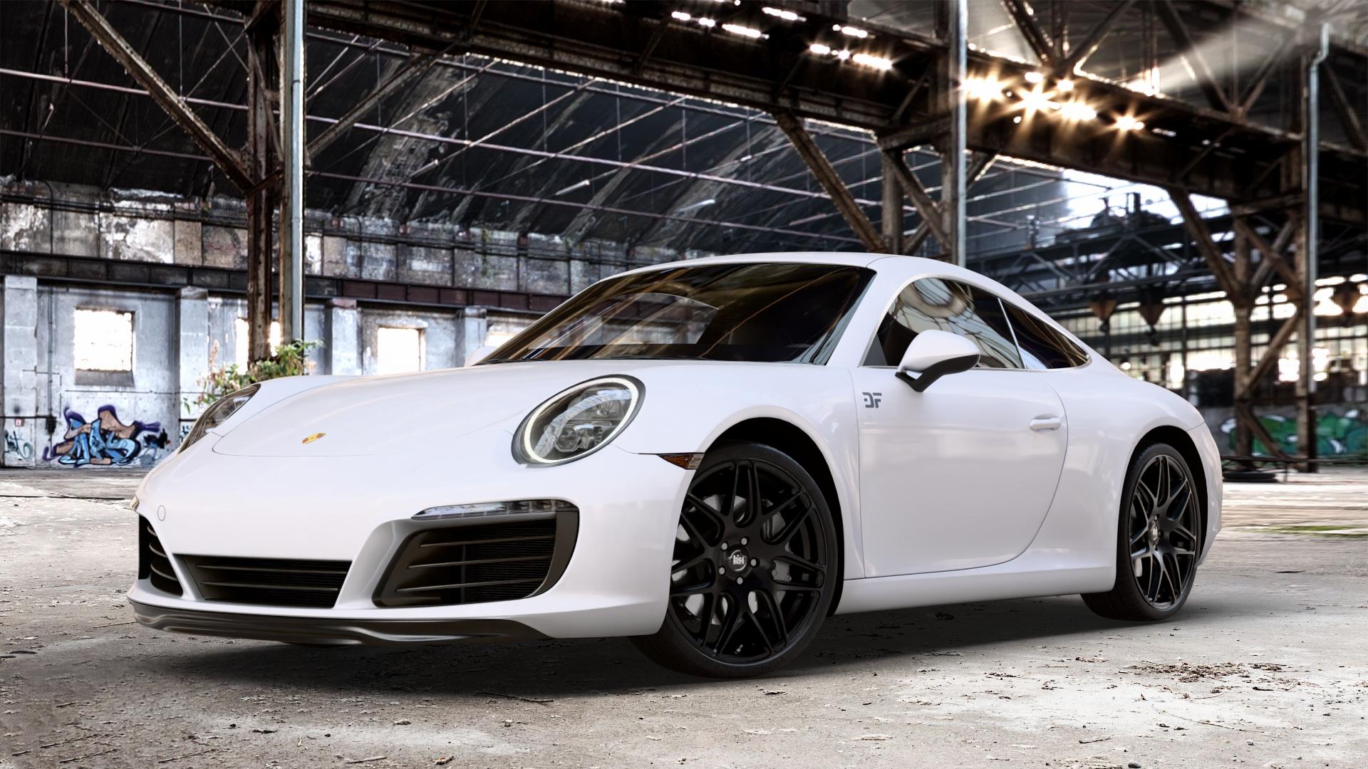 RH ALURAD RB11 racing schwarz lackiert Felge mit Reifen in 20Zoll Winterfelge Alufelge auf weissem Porsche 911 Typ 991 Cabriolet Facelift ⬇️ mit 15mm Tieferlegung ⬇️ Old Industrial Hall_max_4400mm_2024 Frontansicht_1