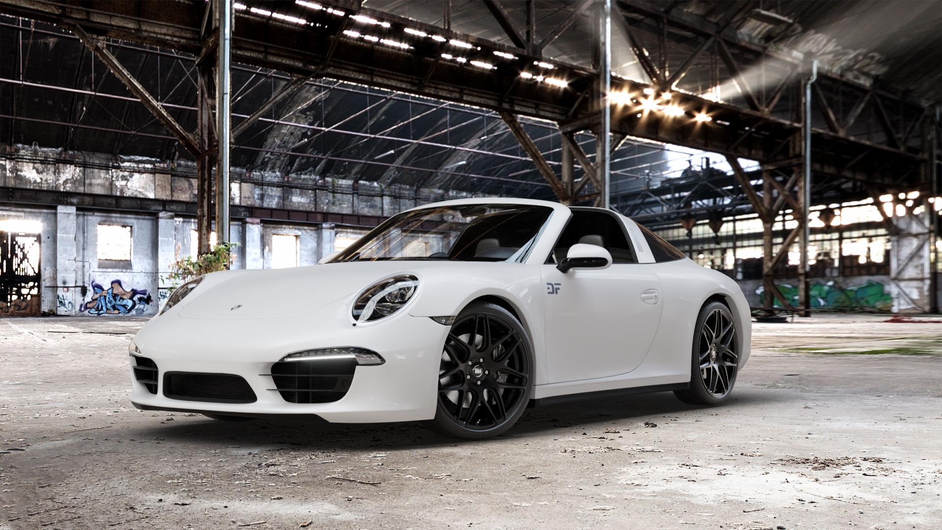 RH ALURAD RB11 racing schwarz lackiert Felge mit Reifen in 20Zoll Winterfelge Alufelge auf weissem Porsche 911 Typ 991 Targa ⬇️ mit 15mm Tieferlegung ⬇️ Old Industrial Hall_max_5300mm_2024 Frontansicht_1