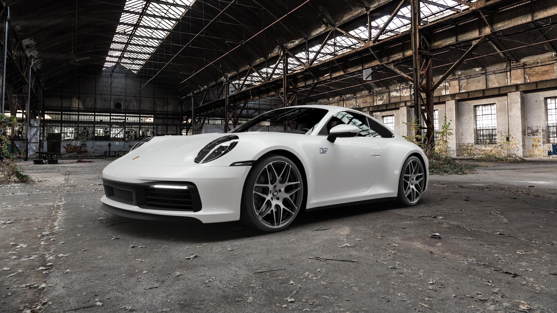RH ALURAD RB11 Schwarz voll poliert Felge mit Reifen silber mehrfarbig in 20Zoll Alufelge auf weissem Porsche 911 Typ 992 Cabriolet 992TR Targa Facelift ⬇️ mit 15mm Tieferlegung ⬇️ Old Industrial Hall_max5000mm_2022 Frontansicht_1