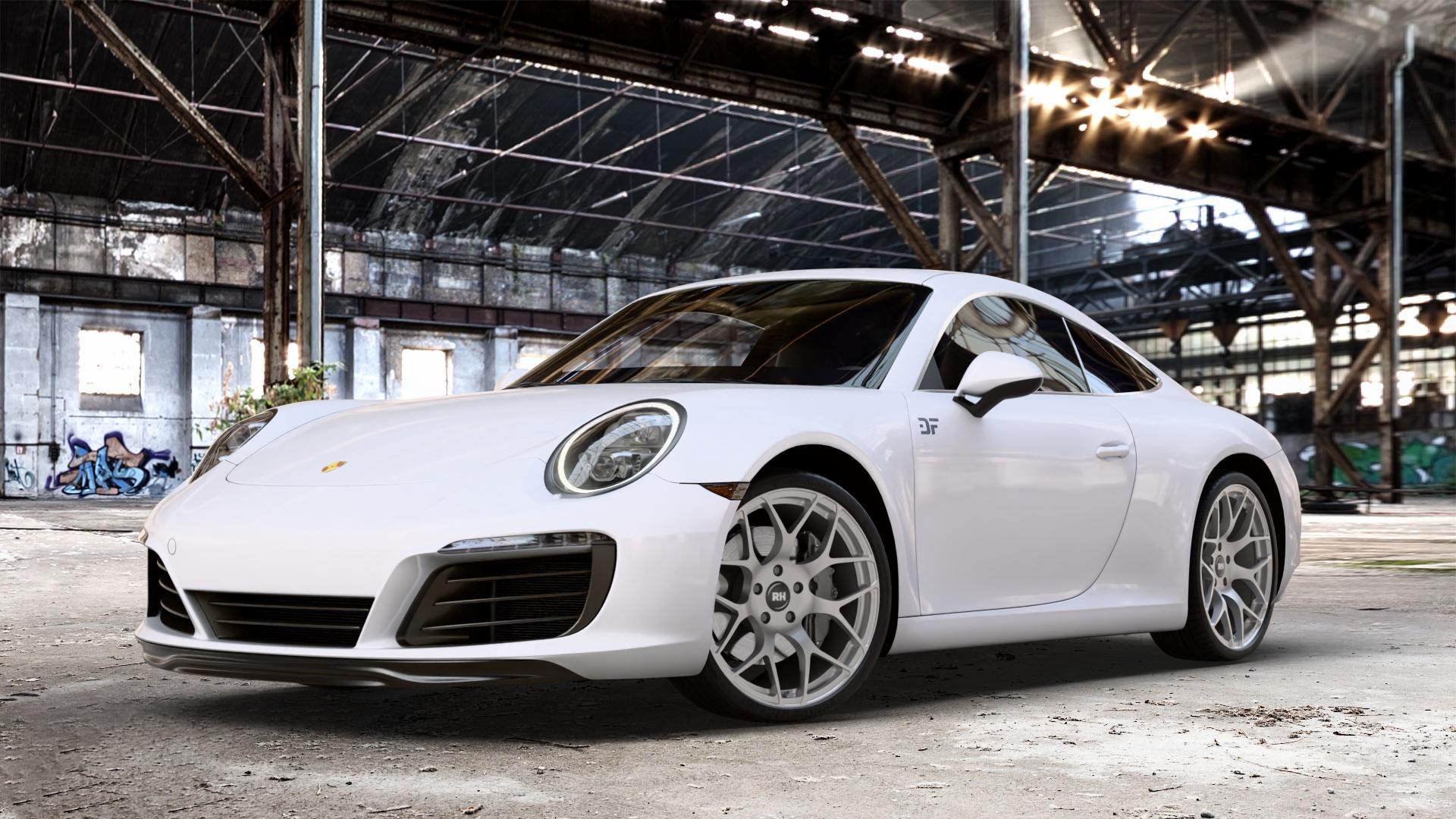 RH ALURAD RSone sterlingsilber lackiert Felge mit Reifen in 20Zoll Winterfelge Alufelge auf weissem Porsche 911 Typ 991 Cabriolet Facelift ⬇️ mit 15mm Tieferlegung ⬇️ Old Industrial Hall_max_4400mm_2024 Frontansicht_1