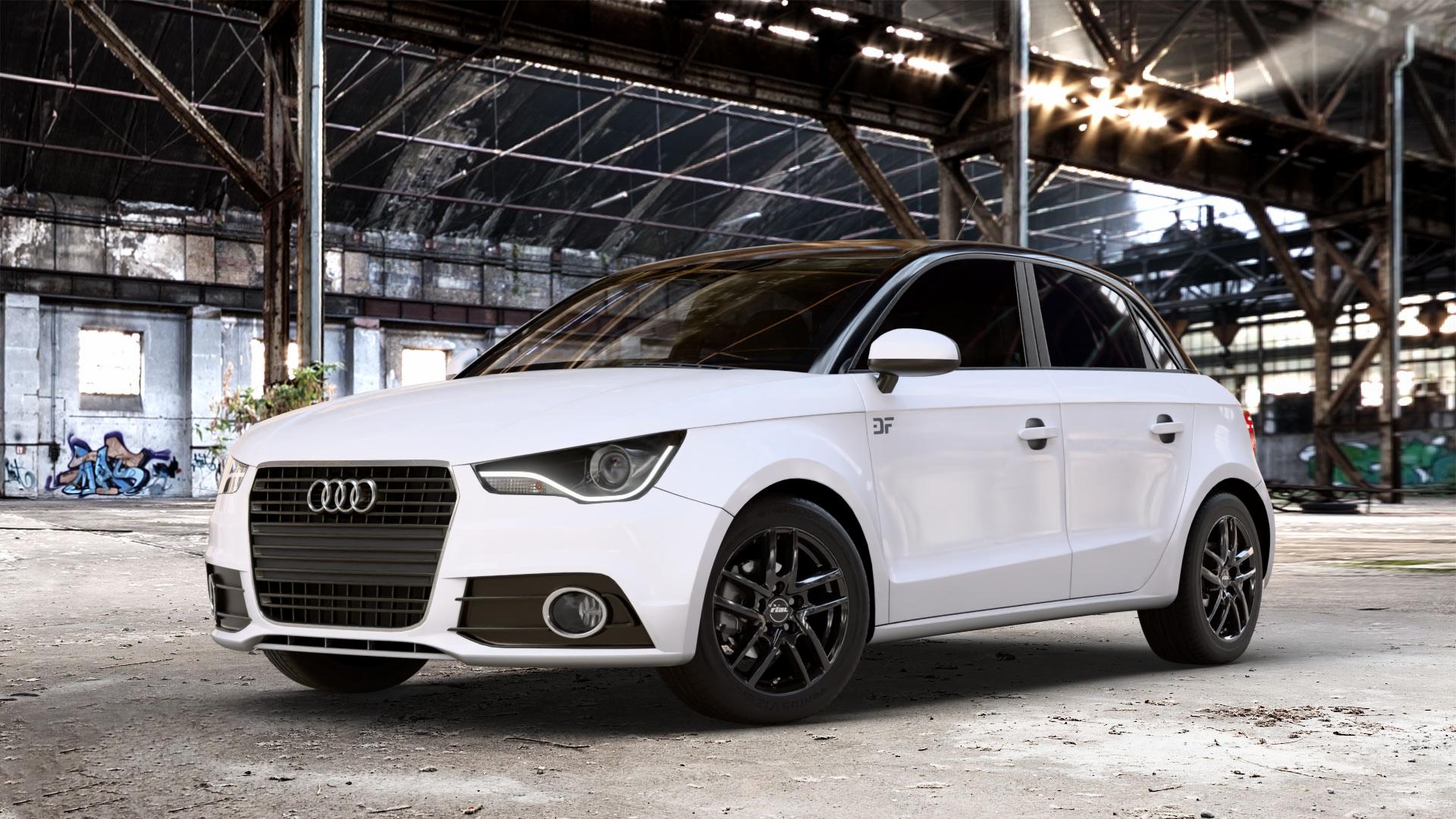 RIAL Astorga diamant-schwarz Felge mit Reifen in 15Zoll Winterfelge Alufelge auf weissem Audi A1 Typ 8X (Sportback) Facelift ⬇️ mit 15mm Tieferlegung ⬇️ Old Industrial Hall_max_4400mm_2024 Frontansicht_1