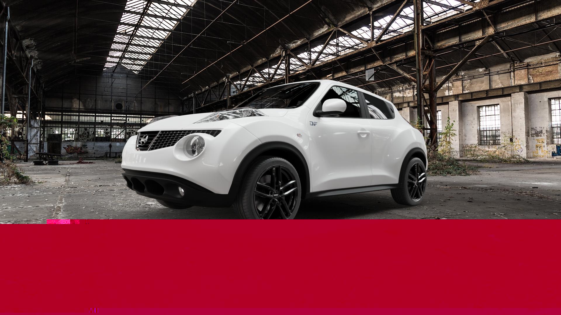 RIAL Astorga diamant-schwarz Felge mit Reifen in 17Zoll Winterfelge Alufelge auf weissem Nissan Juke Typ F15 1,6l DIG-T 140kW (190 PS) 4WD 1,5l dCi 81kW (110 69kW (94 147kW Nismo (200 ⬇️ mit 15mm Tieferlegung ⬇️ Old Industrial Hall_max5000mm_2022 Frontansicht_1