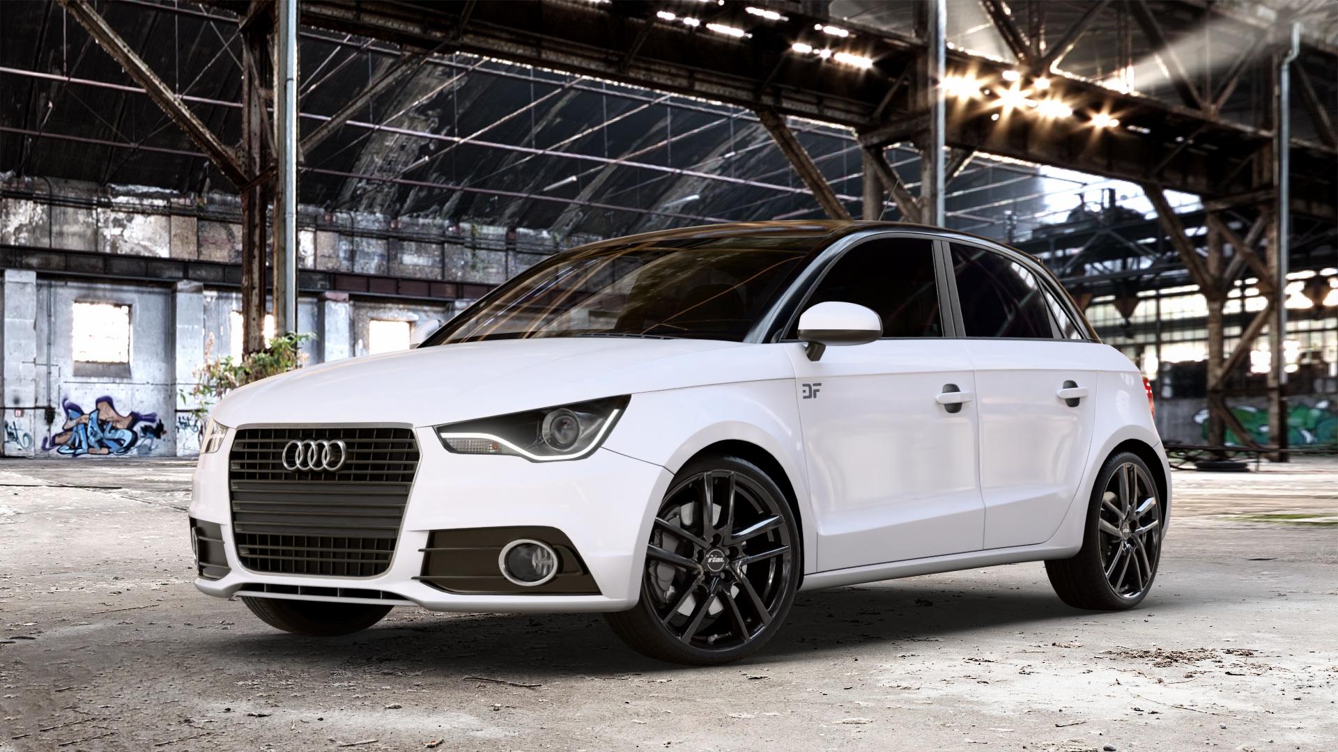 RIAL Astorga diamant-schwarz Felge mit Reifen in 18Zoll Winterfelge Alufelge auf weissem Audi A1 Typ 8X (Sportback) Facelift ⬇️ mit 15mm Tieferlegung ⬇️ Old Industrial Hall_max_4400mm_2024 Frontansicht_1