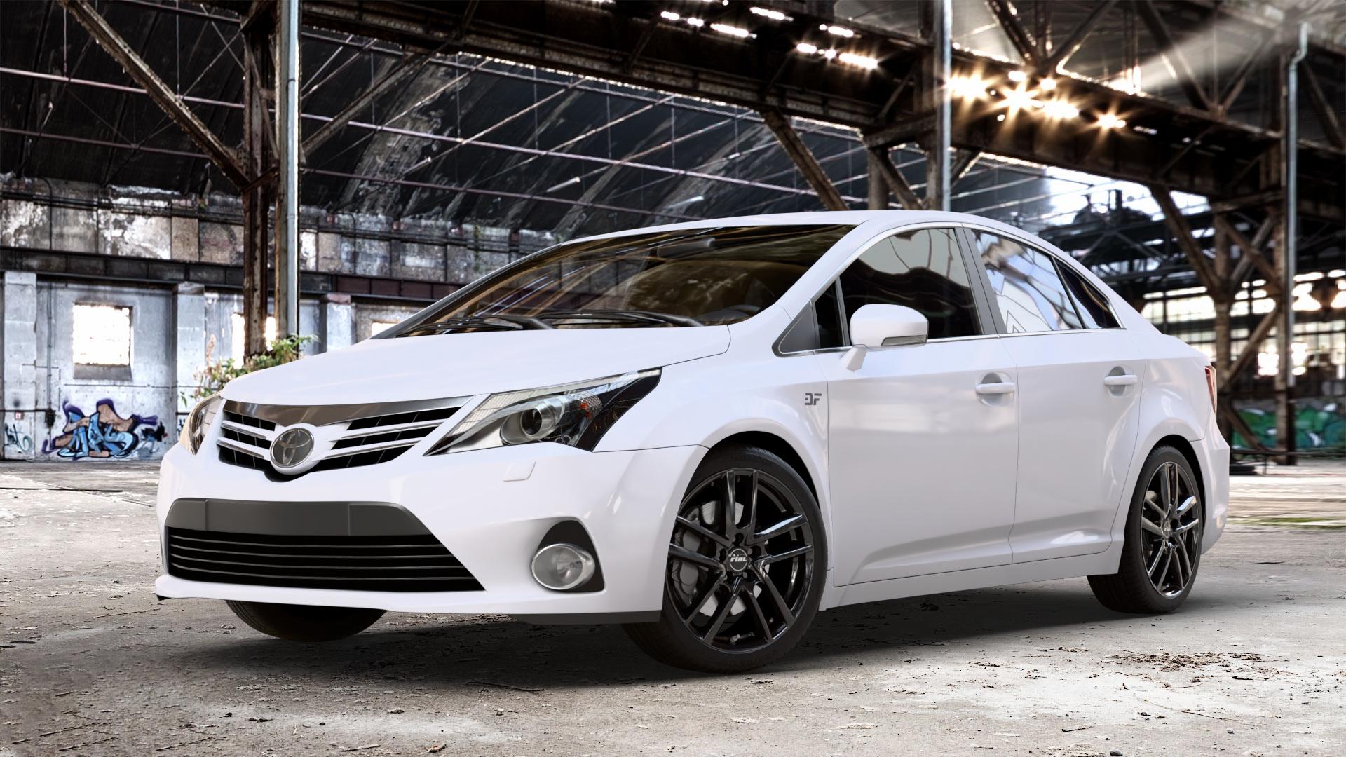 RIAL Astorga diamant-schwarz Felge mit Reifen in 18Zoll Winterfelge Alufelge auf weissem Toyota Avensis Limousine Typ T27 Facelift 12-> ⬇️ mit 15mm Tieferlegung ⬇️ Old Industrial Hall_max_4400mm_2024 Frontansicht_1