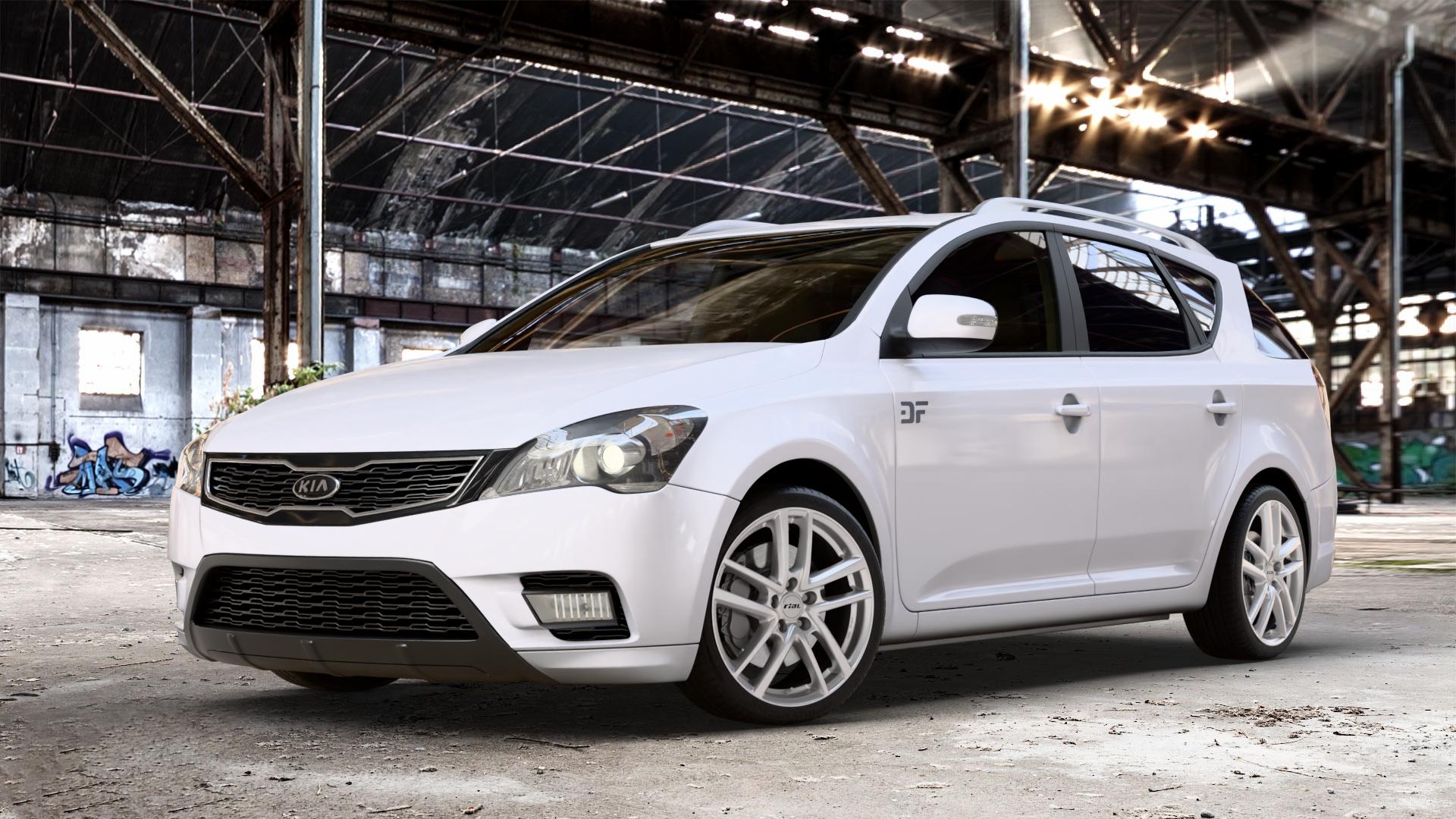 RIAL Astorga polar-silber Felge mit Reifen in 18Zoll Winterfelge Alufelge auf weissem Kia Cee d Kombi Typ ED Facelift ⬇️ mit 15mm Tieferlegung ⬇️ Old Industrial Hall_max_4400mm_2024 Frontansicht_1