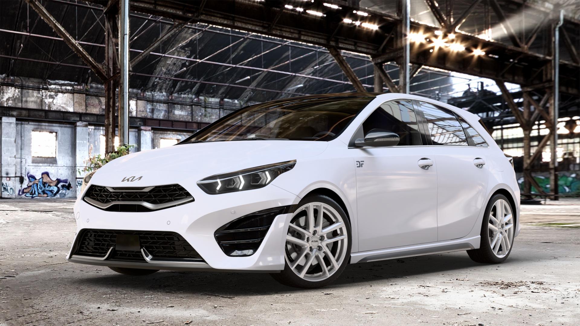 RIAL Astorga polar-silber Felge mit Reifen in 18Zoll Winterfelge Alufelge auf weissem Kia Ceed Schrägheck Typ CD Facelift 1,0l T-GDI 88kW Mild-Hybrid (120 PS) 74kW (101 1,5l 118kW (160 1,6l 150kW GT (204 CRDi 100kW (136 103kW (140 ⬇️ mit 15mm Tieferlegung ⬇️ Old Industrial Hall_max_4400mm_2024 Frontansicht_1