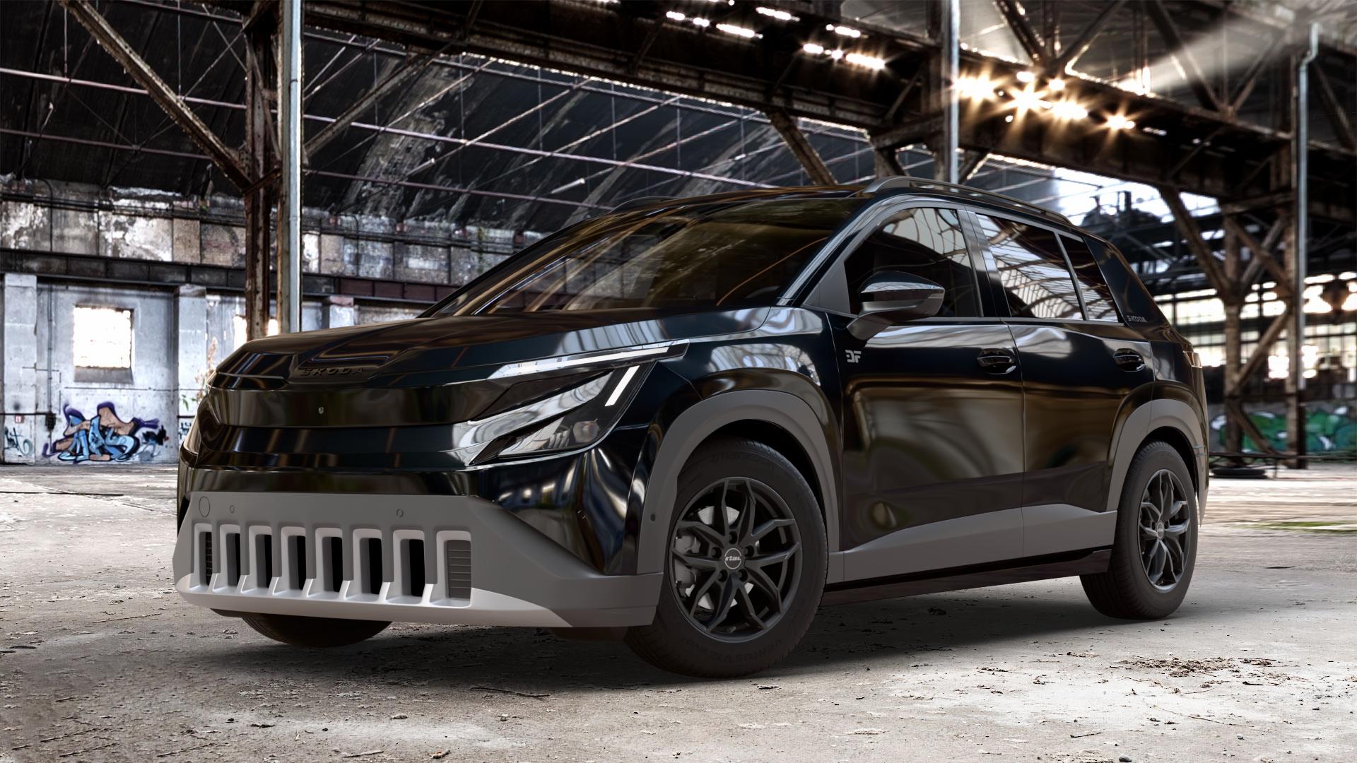 RIAL Lucca diamant-schwarz Felge mit Reifen in 16Zoll Winterfelge Alufelge auf metallic schwarzem Skoda Epiq Typ PX ⬇️ mit 15mm Tieferlegung ⬇️ Old Industrial Hall_max_4400mm_2024 Frontansicht_1