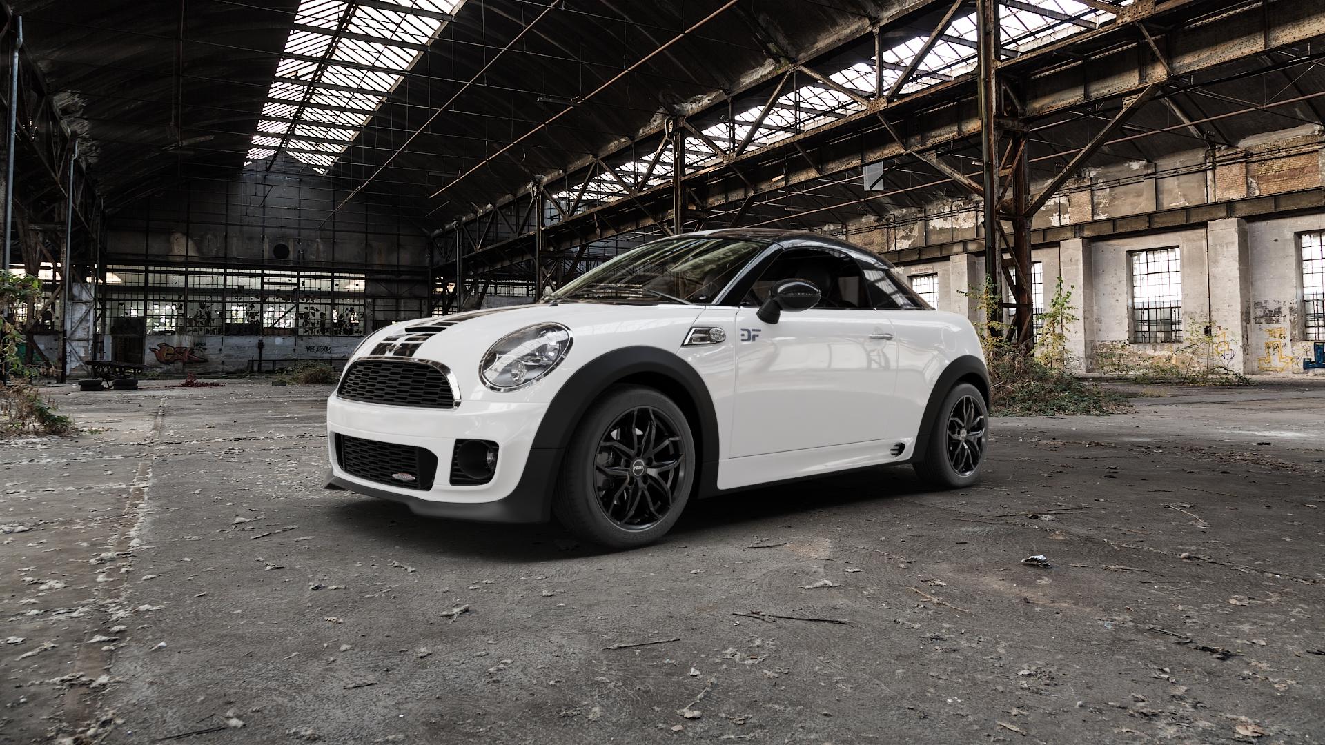 RIAL Lucca diamant-schwarz Felge mit Reifen in 16Zoll Winterfelge Alufelge auf weissem Mini R58 Typ UKL-C (Coupe) 1,6l Cooper 90kW (122 PS) S 135kW (184 2,0l SD 105kW (143 JCW 155kW (211 ⬇️ mit 15mm Tieferlegung ⬇️ Old Industrial Hall_max5000mm_2022 Frontansicht_1