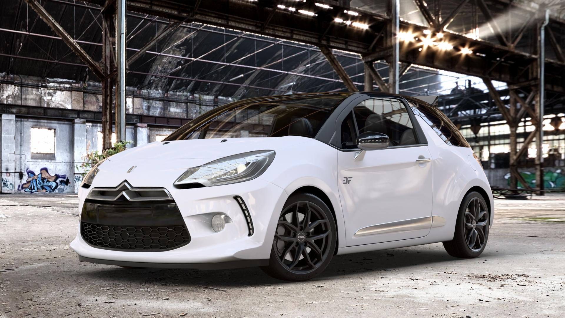 RIAL Lucca diamant-schwarz Felge mit Reifen in 17Zoll Winterfelge Alufelge auf weissem Citroen DS3 Cabrio Facelift ⬇️ mit 15mm Tieferlegung ⬇️ Old Industrial Hall_max_4400mm_2024 Frontansicht_1