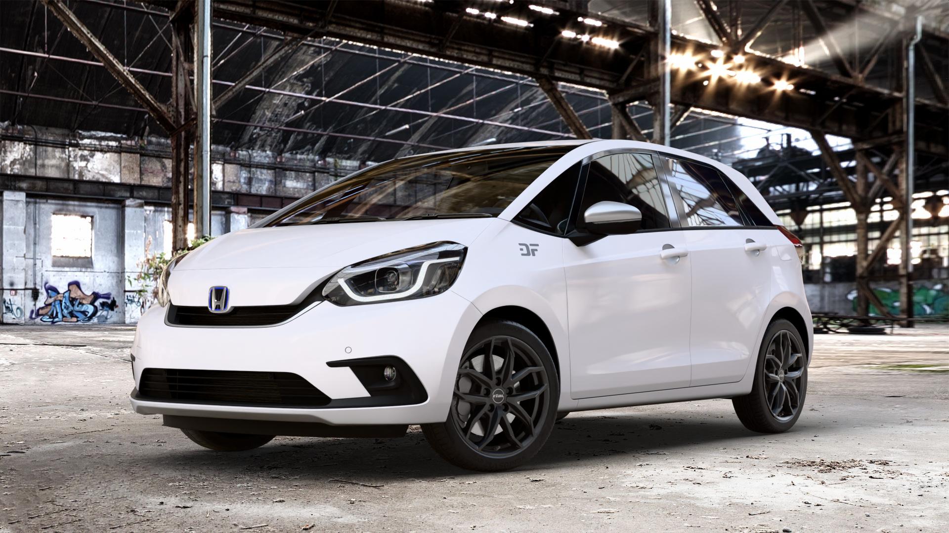 RIAL Lucca diamant-schwarz Felge mit Reifen in 17Zoll Winterfelge Alufelge auf weissem Honda Jazz V (GR) ⬇️ mit 15mm Tieferlegung ⬇️ Old Industrial Hall_max_4400mm_2024 Frontansicht_1