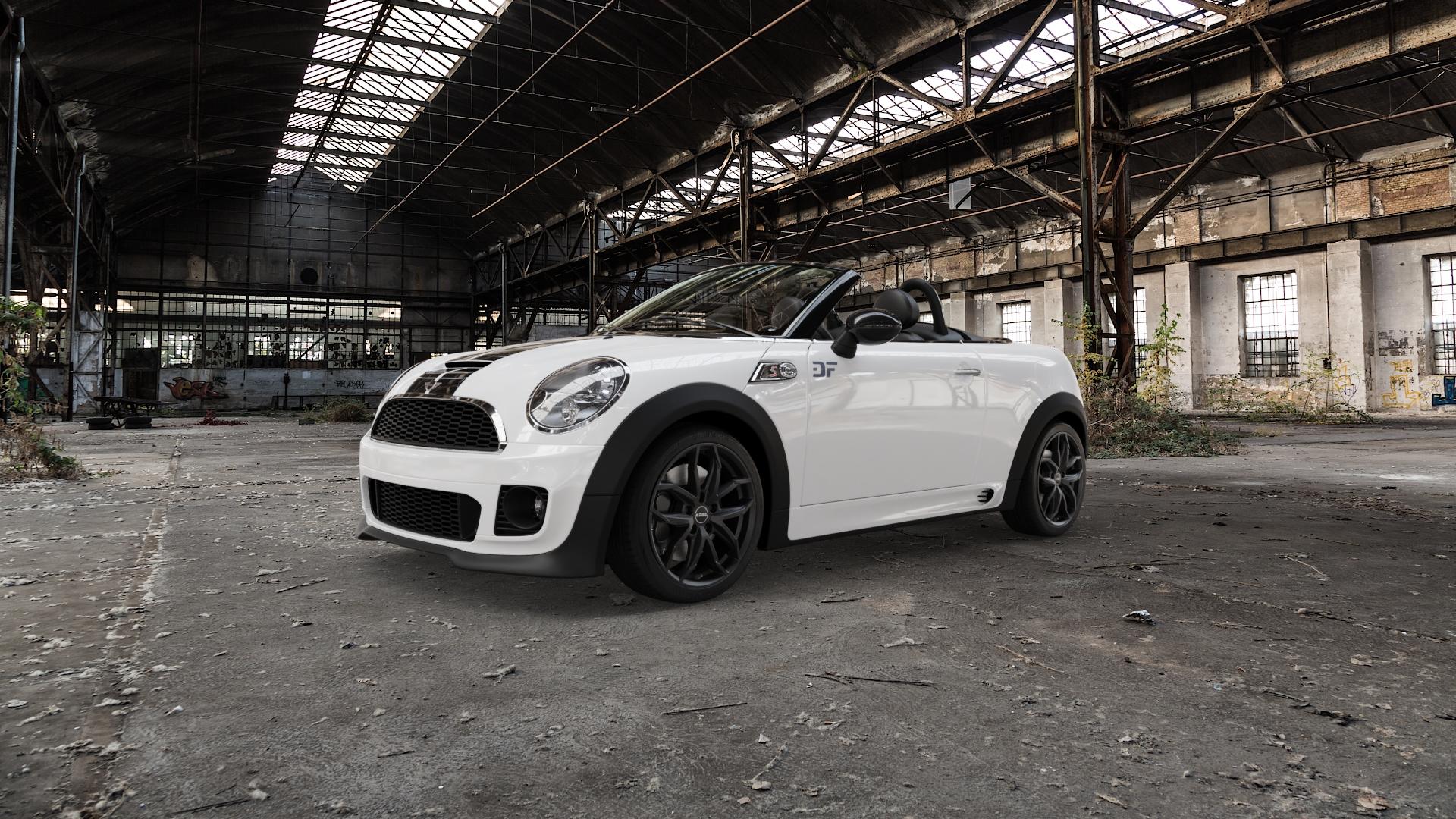 RIAL Lucca diamant-schwarz Felge mit Reifen in 17Zoll Winterfelge Alufelge auf weissem Mini R59 Typ UKL-C (Roadster) ⬇️ mit 15mm Tieferlegung ⬇️ Old Industrial Hall_max5000mm_2022 Frontansicht_1