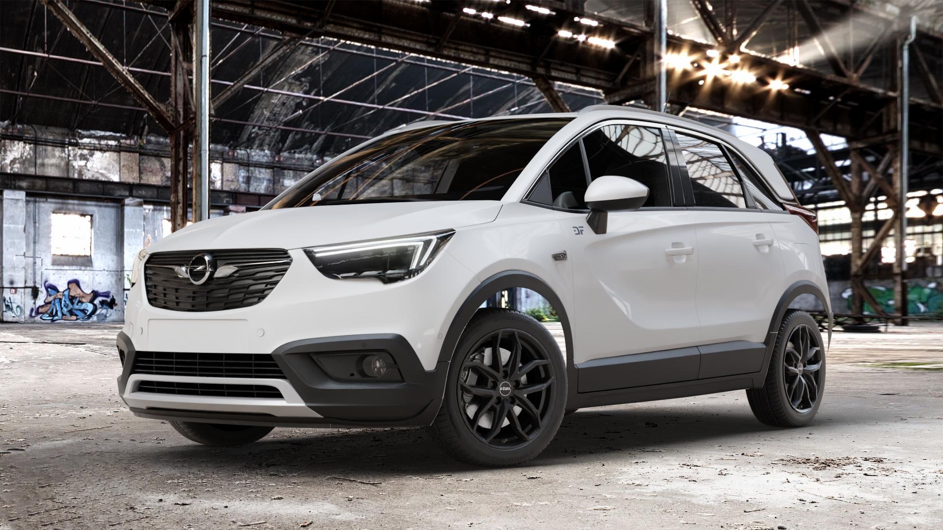 RIAL Lucca diamant-schwarz Felge mit Reifen in 17Zoll Winterfelge Alufelge auf weissem Opel Crossland X ⬇️ mit 15mm Tieferlegung ⬇️ Old Industrial Hall_max_4400mm_2024 Frontansicht_1