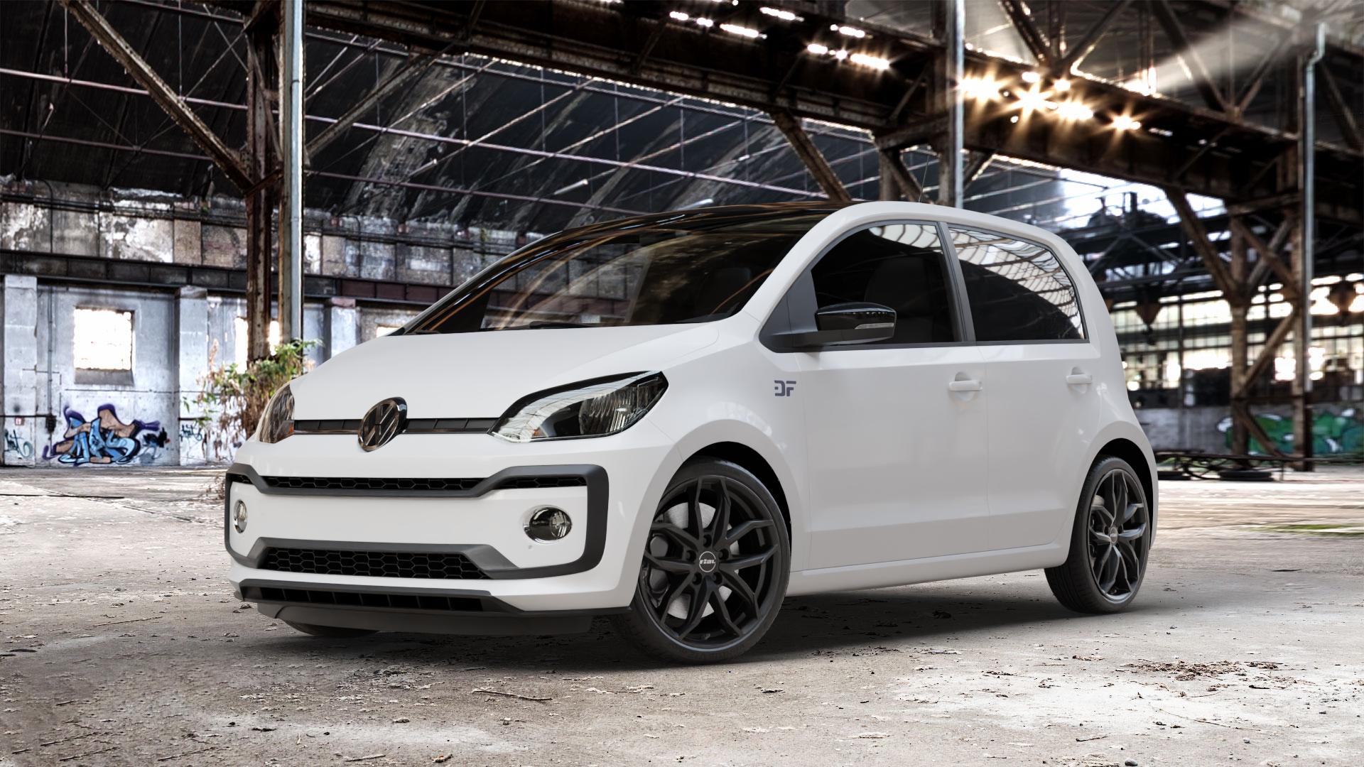 RIAL Lucca diamant-schwarz Felge mit Reifen in 17Zoll Winterfelge Alufelge auf weissem Volkswagen (VW) UP Facelift ⬇️ mit 15mm Tieferlegung ⬇️ Old Industrial Hall_max_4400mm_2024 Frontansicht_1