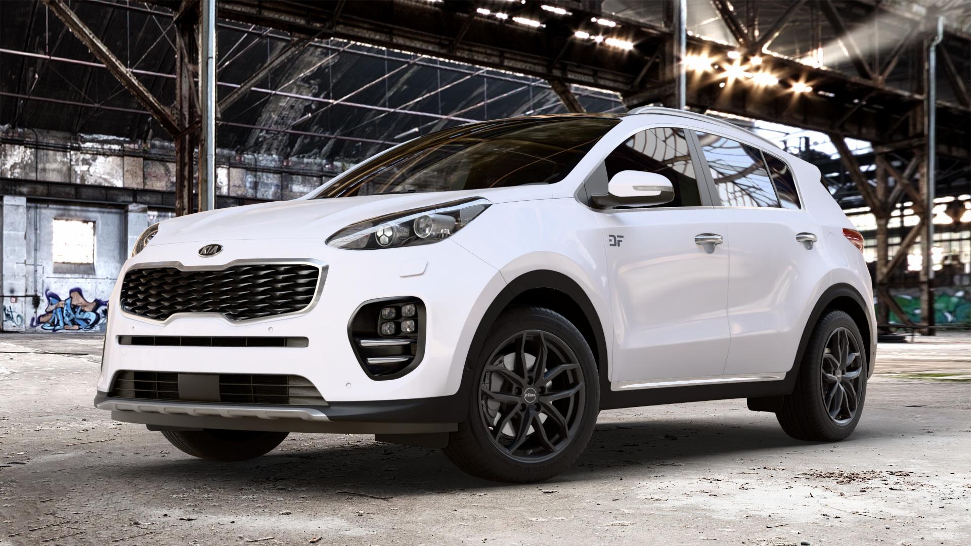 RIAL Lucca diamant-schwarz Felge mit Reifen in 18Zoll Winterfelge Alufelge auf weissem Kia Sportage IV Typ QL QLE ⬇️ mit 15mm Tieferlegung ⬇️ Old Industrial Hall_max_4400mm_2024 Frontansicht_1