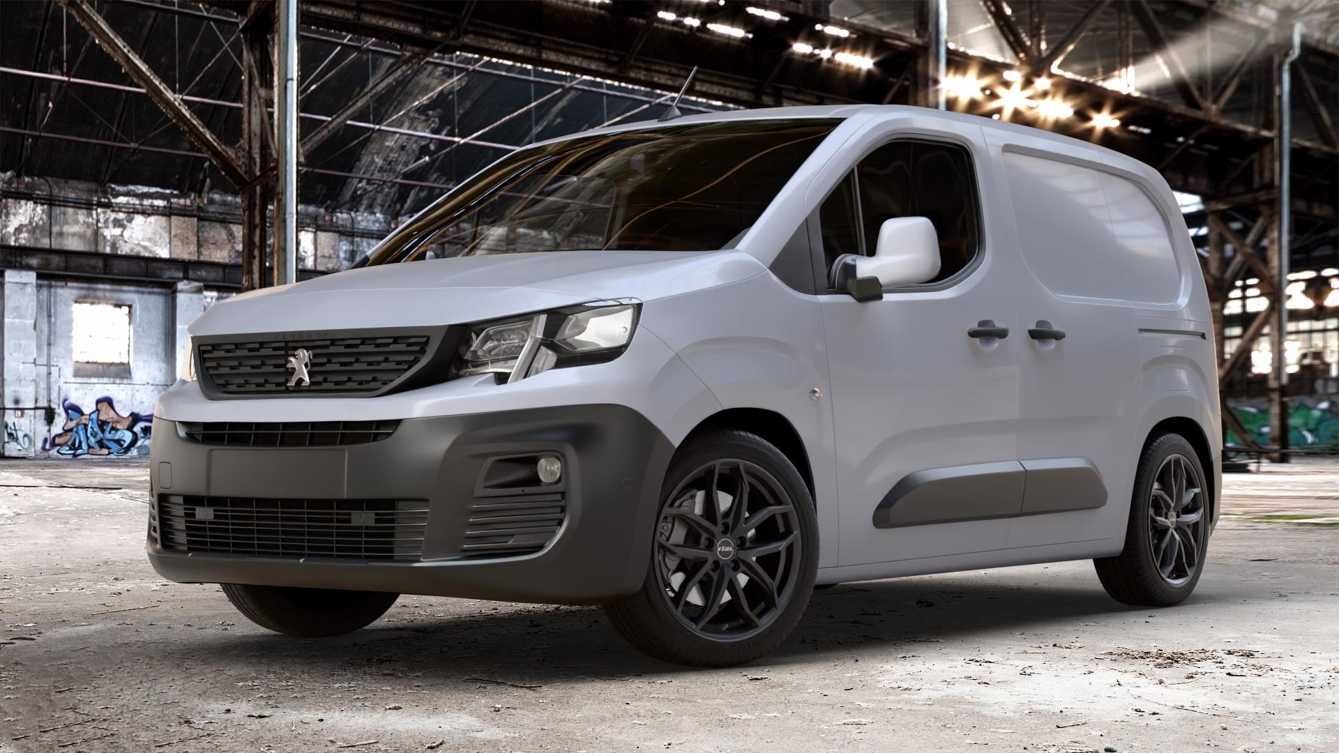 RIAL Lucca diamant-schwarz Felge mit Reifen in 18Zoll Winterfelge Alufelge auf weissem Peugeot Partner III Typ E 1,5l HDi 96kW (131 PS) 75kW (102 1,2l PureTech 81kW (110 56kW (76 1,6l 55kW (75 73kW (99 0,0l e-Partner 57kW (77 ⬇️ mit 15mm Tieferlegung ⬇️ Old Industrial Hall_max_4400mm_2024 Frontansicht_1