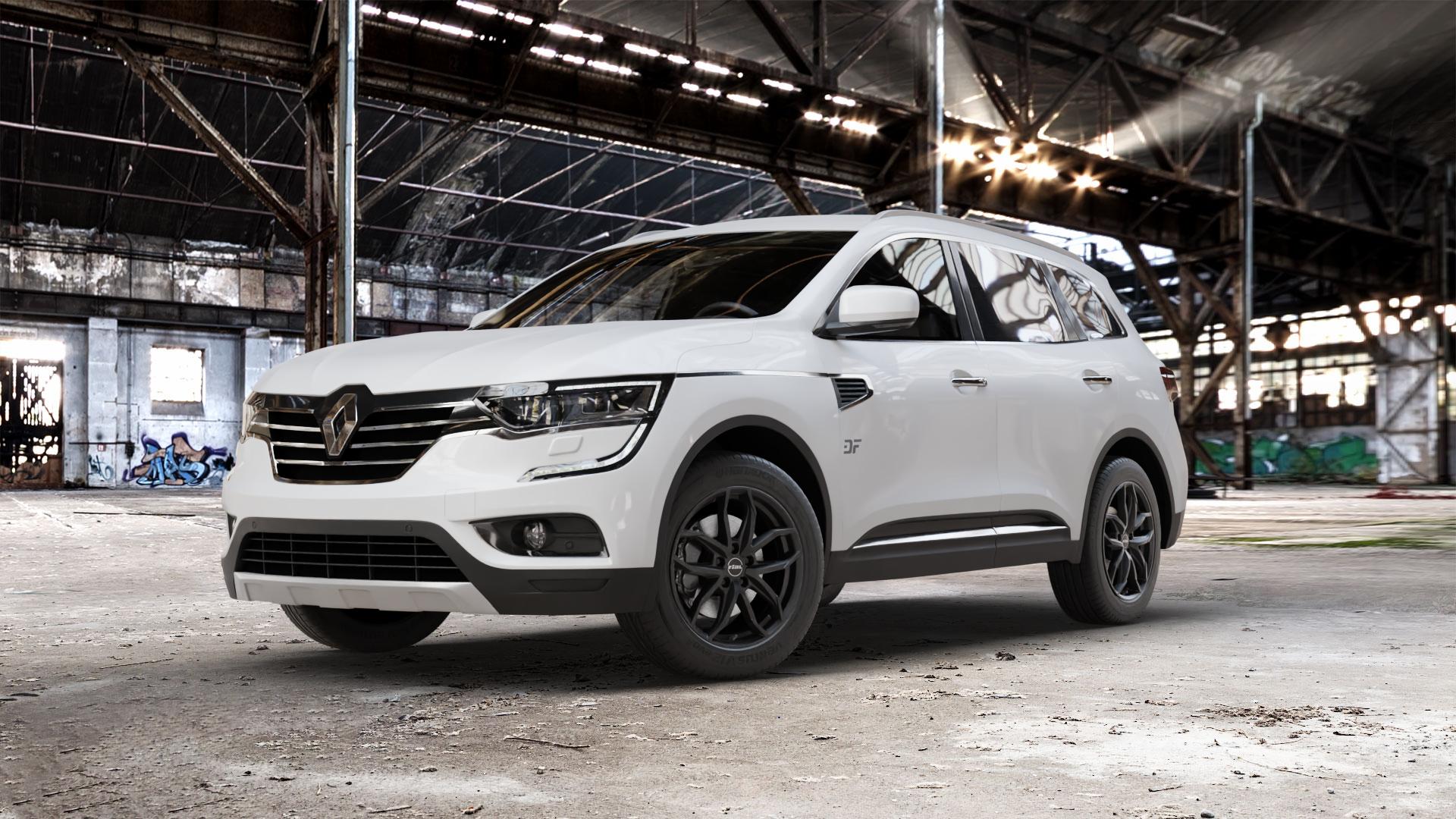 RIAL Lucca diamant-schwarz Felge mit Reifen in 18Zoll Winterfelge Alufelge auf weissem Renault Koleos II Typ RZG ⬇️ mit 15mm Tieferlegung ⬇️ Old Industrial Hall_max_5300mm_2024 Frontansicht_1