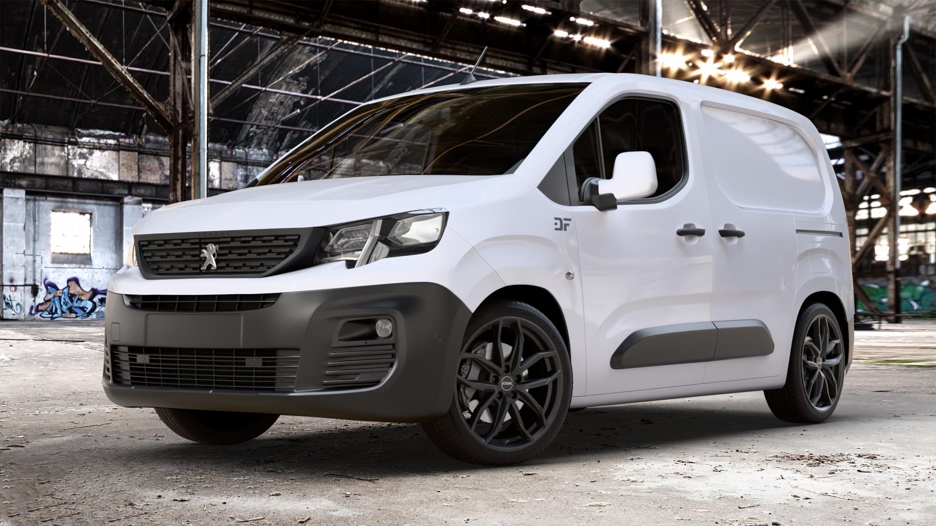 RIAL Lucca diamant-schwarz Felge mit Reifen in 19Zoll Winterfelge Alufelge auf weissem Peugeot Partner III Typ E 1,5l HDi 96kW (131 PS) 75kW (102 1,2l PureTech 81kW (110 56kW (76 1,6l 55kW (75 73kW (99 0,0l e-Partner 57kW (77 ⬇️ mit 15mm Tieferlegung ⬇️ Old Industrial Hall_max_4400mm_2024 Frontansicht_1