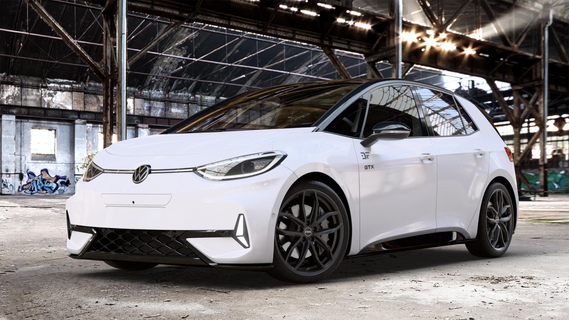 RIAL Lucca diamant-schwarz Felge mit Reifen in 20Zoll Winterfelge Alufelge auf weissem Volkswagen (VW) ID.3 GTX 0,0l 89kW (210 KW) (121 PS) Performance (240 ⬇️ mit 15mm Tieferlegung ⬇️ Old Industrial Hall_max_4400mm_2024 Frontansicht_1