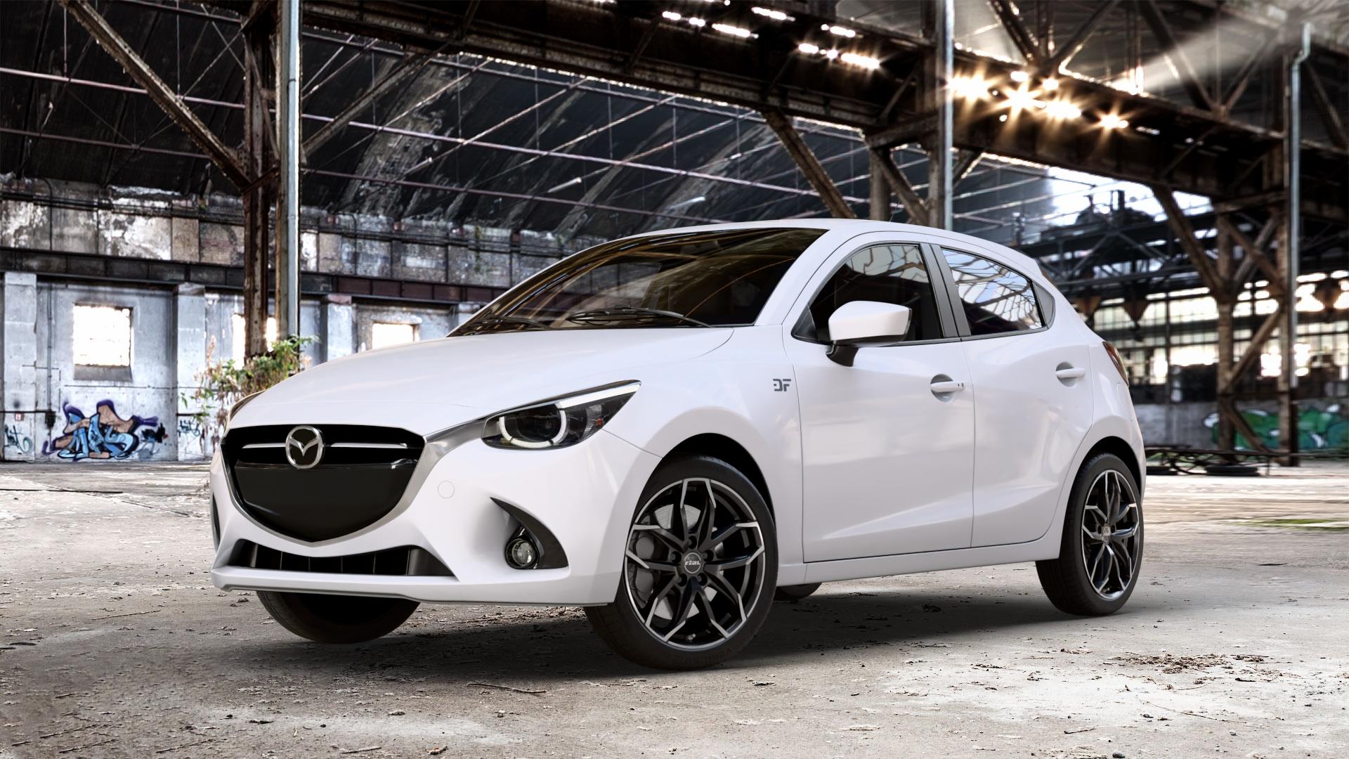RIAL Lucca diamant-schwarz frontpoliert Felge mit Reifen silber mehrfarbig in 17Zoll Winterfelge Alufelge auf weissem Mazda 2 (15-) (DJ) 1,5l SKYACTIV-G 75 55kW (75 PS) 90 66kW (90 115 85kW (116 SKYACTIV-D 105 77kW (105 (20-) Facelift ⬇️ mit 15mm Tieferlegung ⬇️ Old Industrial Hall_max_4400mm_2024 Frontansicht_1