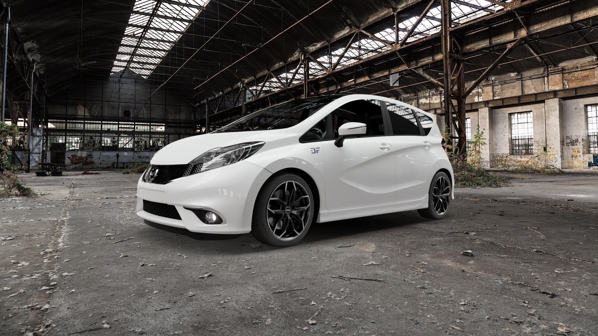 RIAL Lucca diamant-schwarz frontpoliert Felge mit Reifen silber mehrfarbig in 17Zoll Winterfelge Alufelge auf weissem Nissan Note Typ E12 ⬇️ mit 15mm Tieferlegung ⬇️ Old Industrial Hall_max5000mm_2022 Frontansicht_1