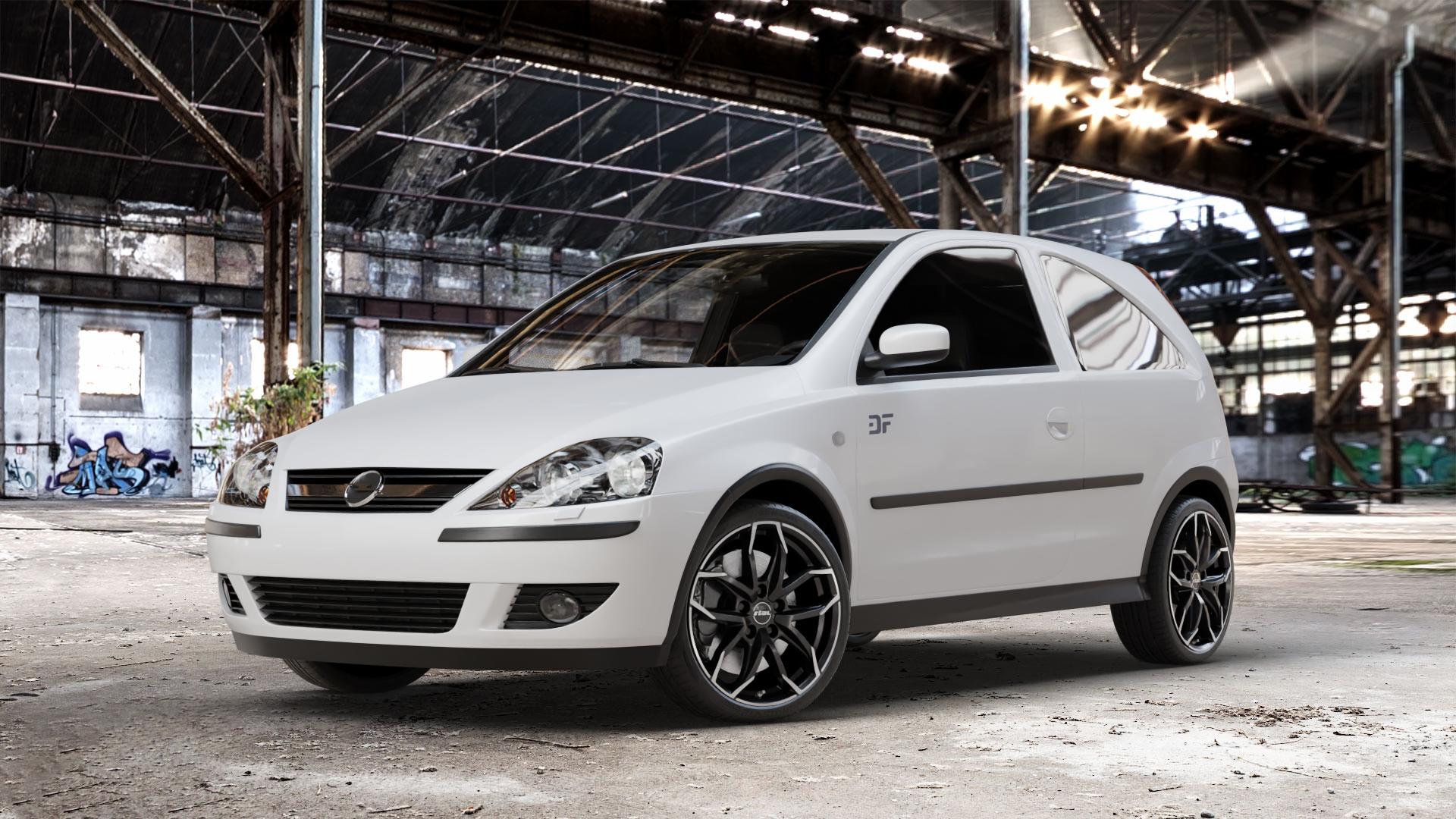 RIAL Lucca diamant-schwarz frontpoliert Felge mit Reifen silber mehrfarbig in 17Zoll Winterfelge Alufelge auf weissem Opel Corsa C Typ CORSA-C ⬇️ mit 15mm Tieferlegung ⬇️ Old Industrial Hall_max_4400mm_2024 Frontansicht_1