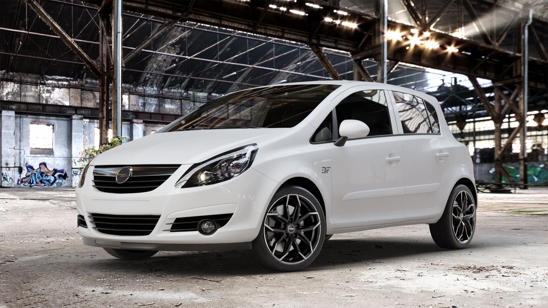 RIAL Lucca diamant-schwarz frontpoliert Felge mit Reifen silber mehrfarbig in 17Zoll Winterfelge Alufelge auf weissem Opel Corsa D Typ S-D ⬇️ mit 15mm Tieferlegung ⬇️ Old Industrial Hall_max_4400mm_2024 Frontansicht_1