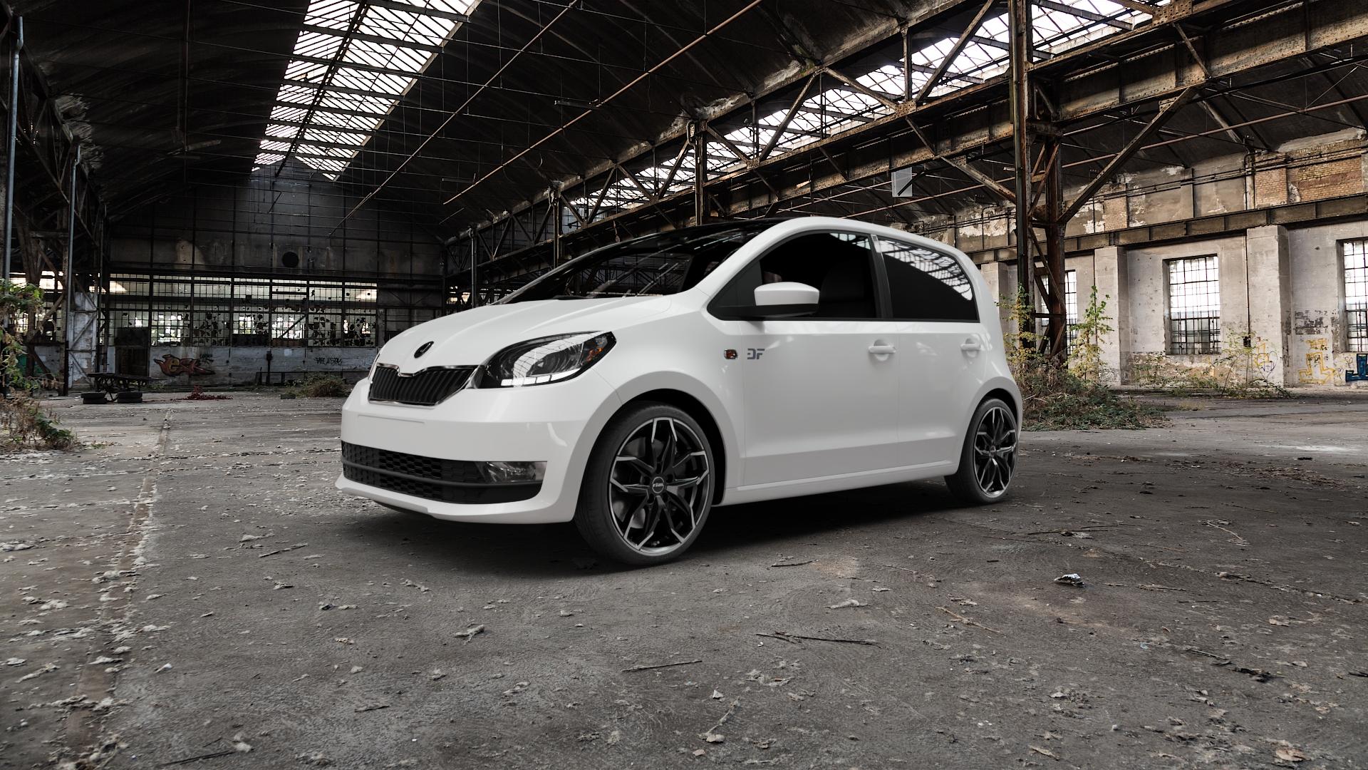 RIAL Lucca diamant-schwarz frontpoliert Felge mit Reifen silber mehrfarbig in 17Zoll Winterfelge Alufelge auf weissem Skoda Citigo Typ AA Facelift ⬇️ mit 15mm Tieferlegung ⬇️ Old Industrial Hall_max5000mm_2022 Frontansicht_1