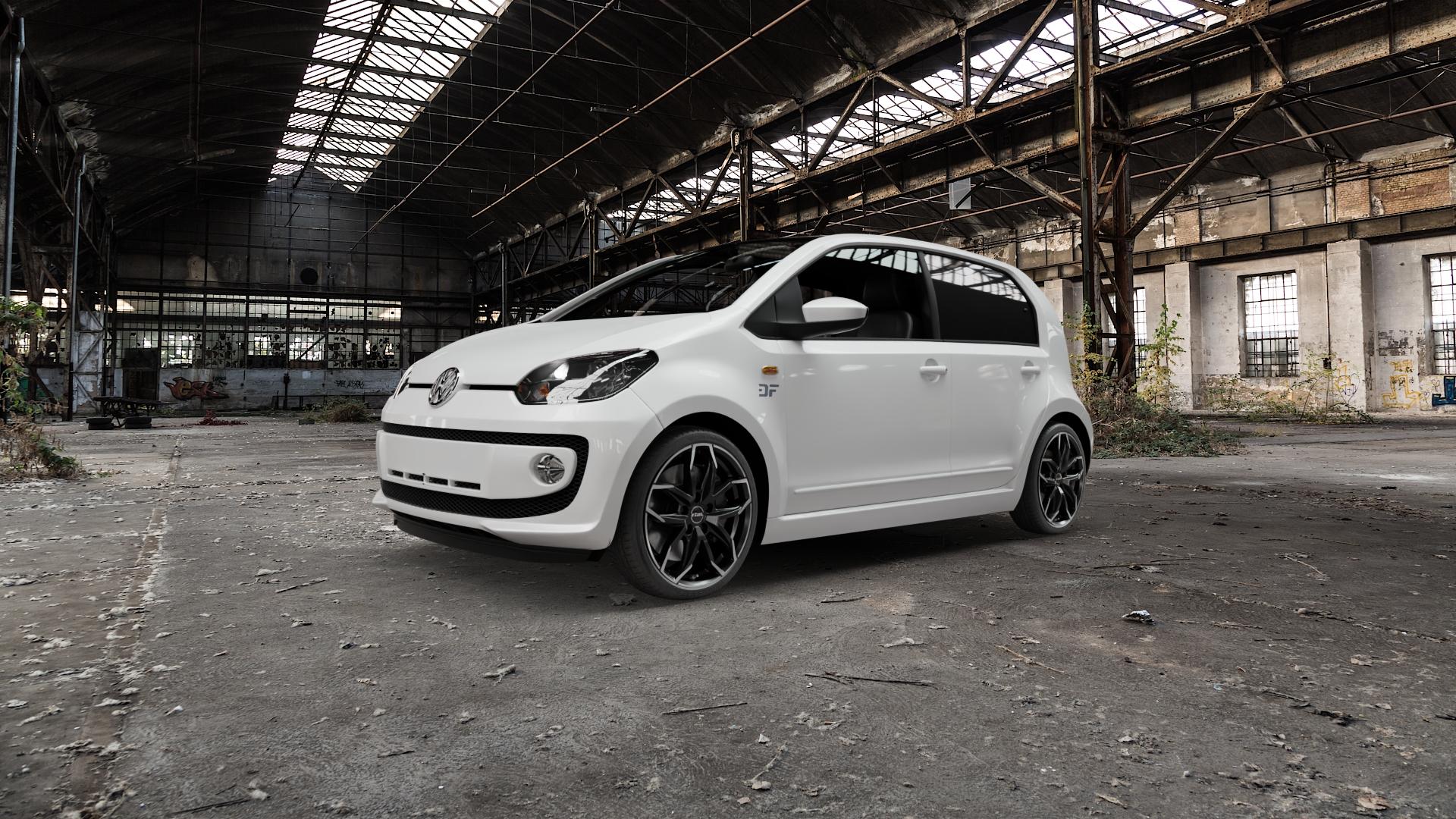 RIAL Lucca diamant-schwarz frontpoliert Felge mit Reifen silber mehrfarbig in 17Zoll Winterfelge Alufelge auf weissem Volkswagen (VW) UP ⬇️ mit 15mm Tieferlegung ⬇️ Old Industrial Hall_max5000mm_2022 Frontansicht_1