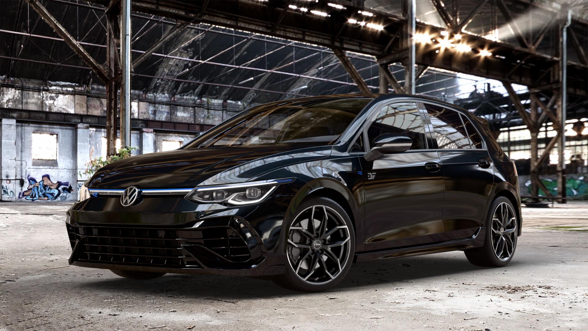 RIAL Lucca diamant-schwarz frontpoliert Felge mit Reifen silber mehrfarbig in 18Zoll Winterfelge Alufelge auf schwarzem metallic Volkswagen (VW) Golf 8 2,0l R 4Motion 235kW (320 PS) 245kW 20 Years (333 ⬇️ mit 15mm Tieferlegung ⬇️ Old Industrial Hall_max_4400mm_2024 Frontansicht_1