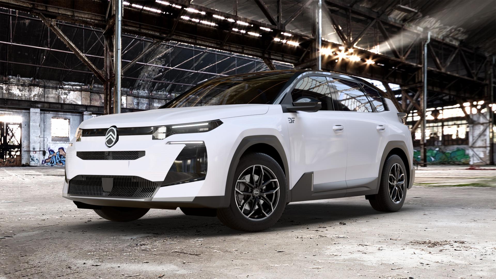 RIAL Lucca diamant-schwarz frontpoliert Felge mit Reifen silber mehrfarbig in 18Zoll Winterfelge Alufelge auf weissem Citroen C5 Aircross Typ K 1,2l 100kW Mild-Hybrid (136 PS) 1,6l 110kW Plug-In-Hybrid (150 0,0l 105kW eC5 (143 104kW (141 ⬇️ mit 15mm Tieferlegung ⬇️ Old Industrial Hall_max_5300mm_2024 Frontansicht_1