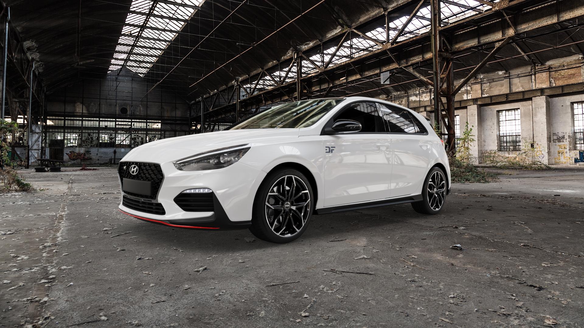 RIAL Lucca diamant-schwarz frontpoliert Felge mit Reifen silber mehrfarbig in 18Zoll Winterfelge Alufelge auf weissem Hyundai i30 Typ PDE 2,0l T-GDI 184kW N (250 PS) 202kW Performance (275 ⬇️ mit 15mm Tieferlegung ⬇️ Old Industrial Hall_max5000mm_2022 Frontansicht_1