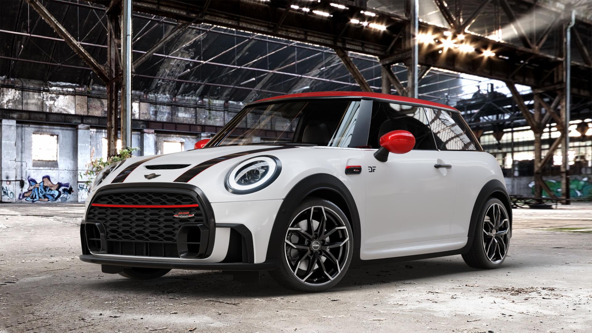 RIAL Lucca diamant-schwarz frontpoliert Felge mit Reifen silber mehrfarbig in 18Zoll Winterfelge Alufelge auf weissem Mini F56 Typ FML2 (3-Türer Limousine) Facelift 21-> 2,0l Cooper S 131kW (178 PS) 120kW (163 JCW 170kW (231 ⬇️ mit 15mm Tieferlegung ⬇️ Old Industrial Hall_max_4400mm_2024 Frontansicht_1
