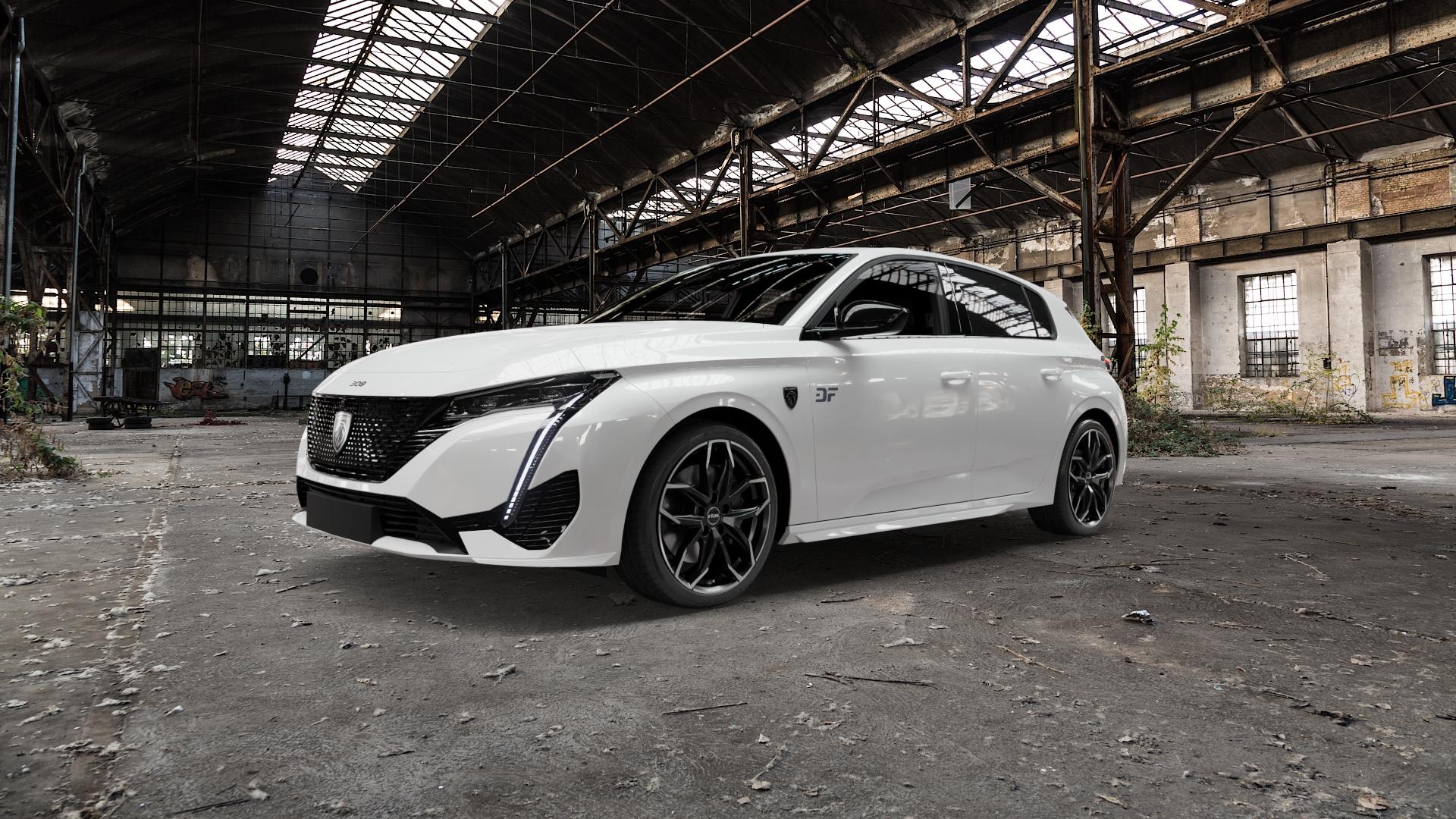 RIAL Lucca diamant-schwarz frontpoliert Felge mit Reifen silber mehrfarbig in 18Zoll Winterfelge Alufelge auf weissem Peugeot 308 III Typ F ⬇️ mit 15mm Tieferlegung ⬇️ Old Industrial Hall_max5000mm_2022 Frontansicht_1