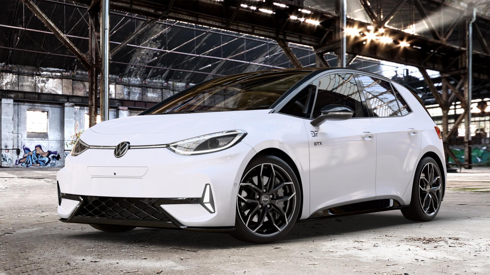 RIAL Lucca diamant-schwarz frontpoliert Felge mit Reifen silber mehrfarbig in 20Zoll Winterfelge Alufelge auf weissem Volkswagen (VW) ID.3 GTX 0,0l 89kW (210 KW) (121 PS) Performance (240 ⬇️ mit 15mm Tieferlegung ⬇️ Old Industrial Hall_max_4400mm_2024 Frontansicht_1