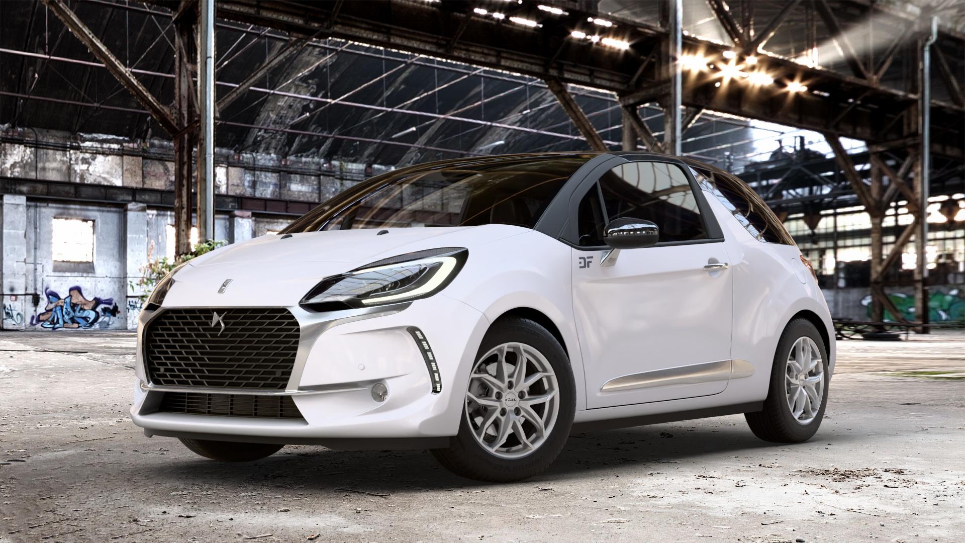 RIAL Lucca polar-silber Felge mit Reifen in 16Zoll Winterfelge Alufelge auf weissem Citroen DS3 Facelift DS Automobiles Typ S ⬇️ mit 15mm Tieferlegung ⬇️ Old Industrial Hall_max_4400mm_2024 Frontansicht_1
