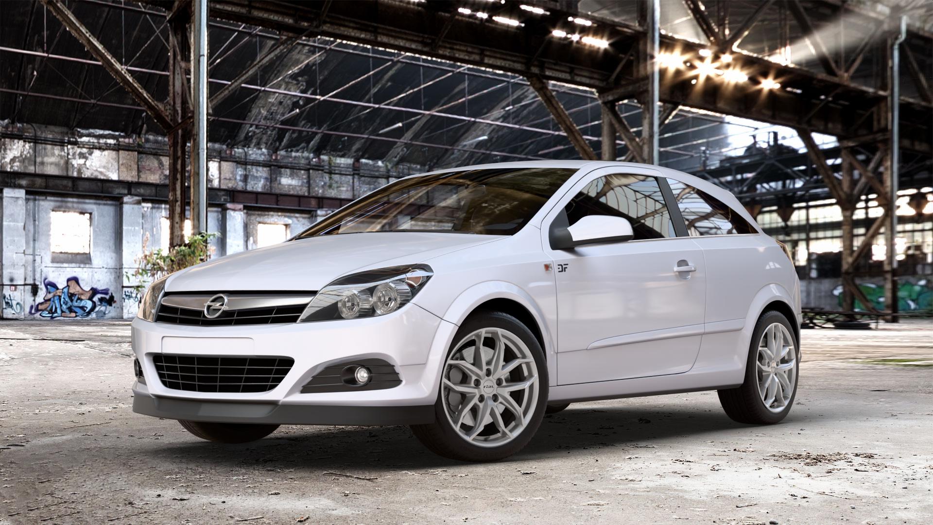 RIAL Lucca polar-silber Felge mit Reifen in 17Zoll Winterfelge Alufelge auf Weiss Uni Opel Astra H GTC Typ A-H/C ⬇️ mit 15mm Tieferlegung ⬇️ Old Industrial Hall_max_4400mm_2024 Frontansicht_1