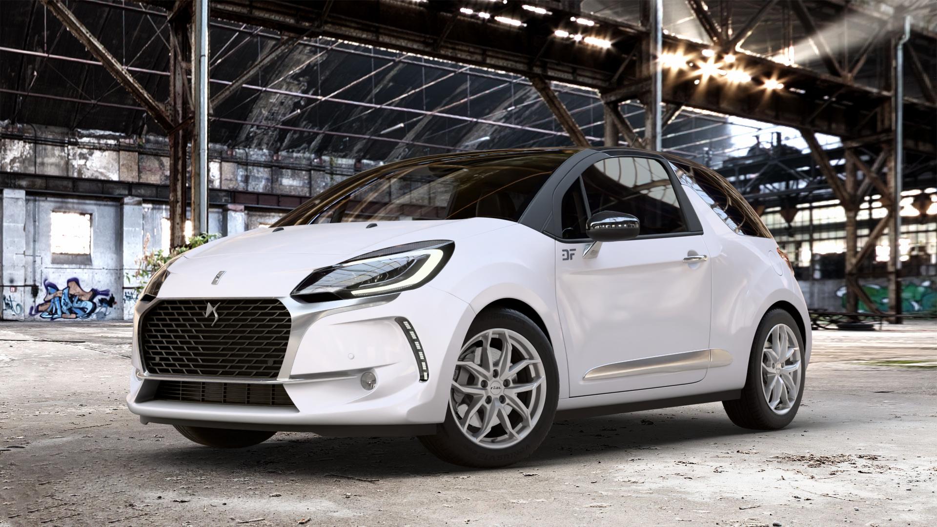 RIAL Lucca polar-silber Felge mit Reifen in 17Zoll Winterfelge Alufelge auf weissem Citroen DS3 Facelift DS Automobiles Typ S ⬇️ mit 15mm Tieferlegung ⬇️ Old Industrial Hall_max_4400mm_2024 Frontansicht_1