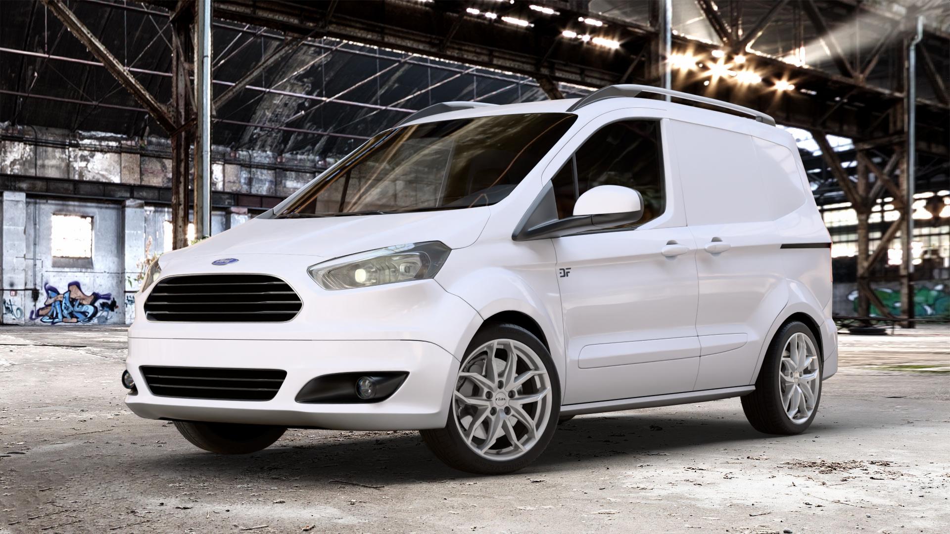RIAL Lucca polar-silber Felge mit Reifen in 17Zoll Winterfelge Alufelge auf weissem Ford Transit Courier Typ JN8 (14->) JU2 ⬇️ mit 15mm Tieferlegung ⬇️ Old Industrial Hall_max_4400mm_2024 Frontansicht_1