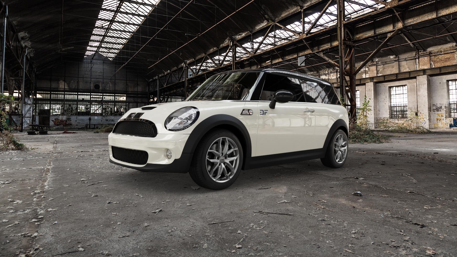 RIAL Lucca polar-silber Felge mit Reifen in 17Zoll Winterfelge Alufelge auf weissem Mini R55 Typ UKL-K (Clubman) MINI-N ⬇️ mit 15mm Tieferlegung ⬇️ Old Industrial Hall_max5000mm_2022 Frontansicht_1