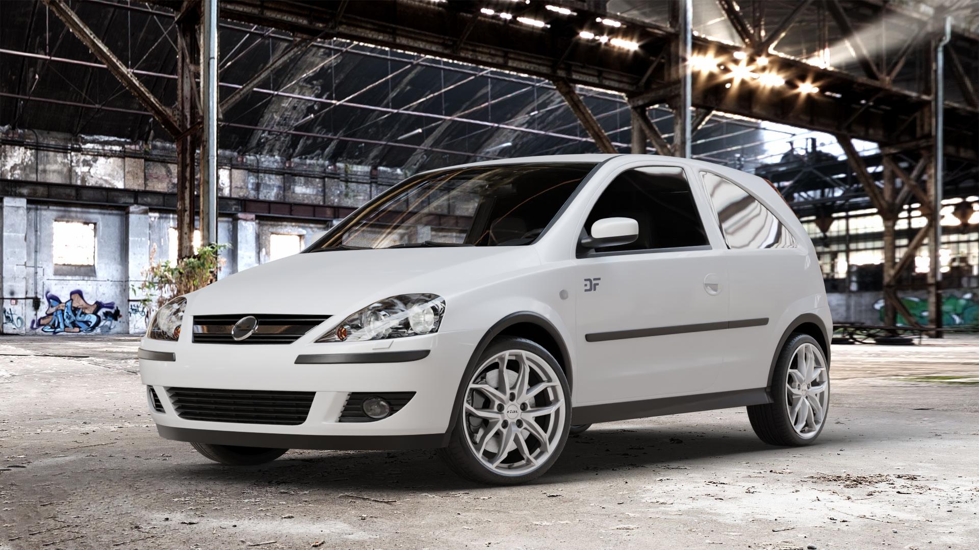 RIAL Lucca polar-silber Felge mit Reifen in 17Zoll Winterfelge Alufelge auf weissem Opel Corsa C Typ CORSA-C ⬇️ mit 15mm Tieferlegung ⬇️ Old Industrial Hall_max_4400mm_2024 Frontansicht_1